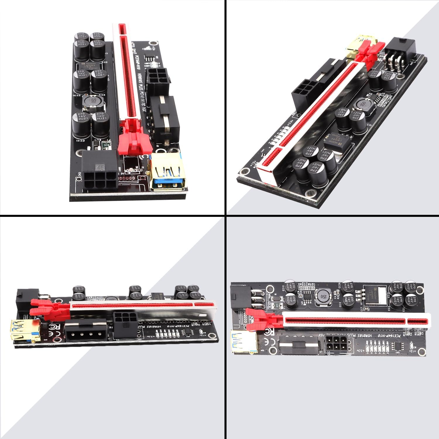 6 Pack Pcie Riser 1X to 16X, GPU Mining Card Powered Adapter VER010S PCI-E Extension Cable with LED & Triple Power Supply - Extender for ETH Mining image number 1