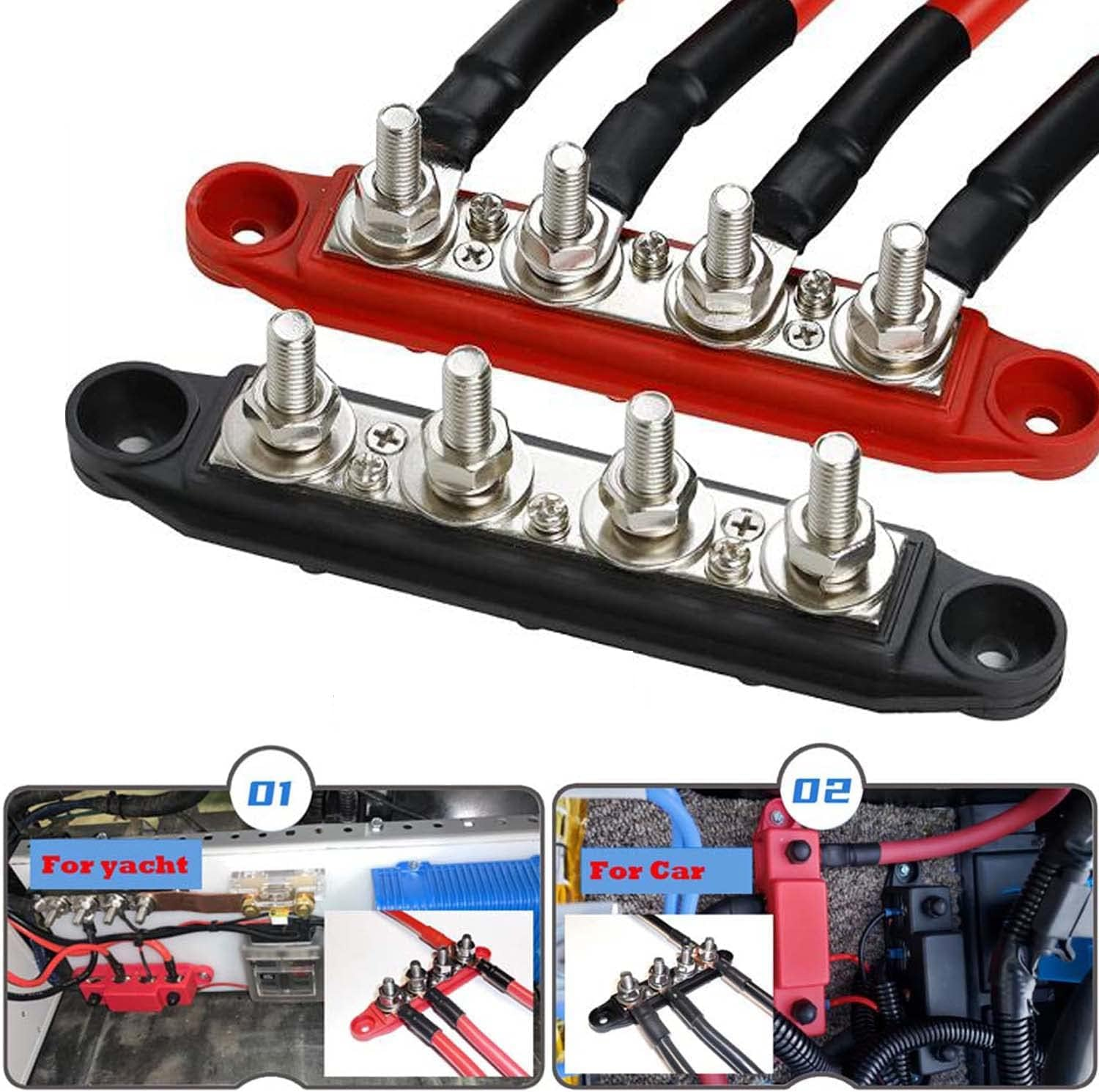 AULESSE 12V-48V DC Bus Bar Power Distribution Block 5/16" (M8) 4 Studs Heavy Duty Busbar Stud Terminal Junction Block with Cover and Ring Terminals 250 Amp for Cars Rvs Ships Yachts (Red+Black) image number 2