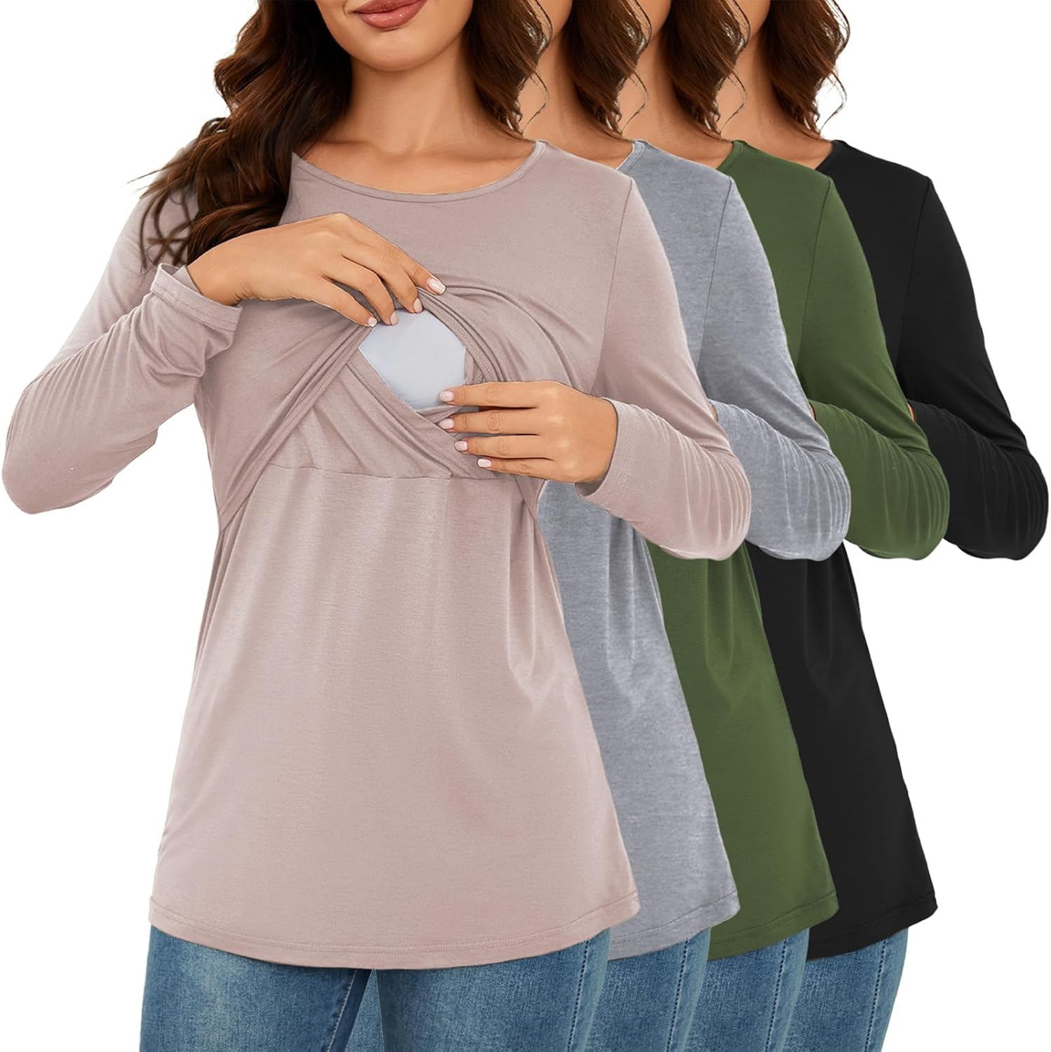 Liu & Qu 4-Pack Womens Nursing Tops Long Sleeve Breastfeeding Shirts Double Layer Fall Maternity Clothes