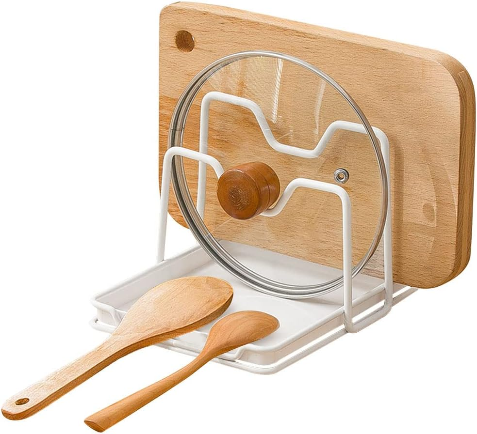 Poeland Pot Lid Holder, 2 Layers Pot Lid Organizer, Multifunctional Lid and Spoon Rest with Drip Tray for Pot Lid, Spatula, Spoon, Cutting Boards