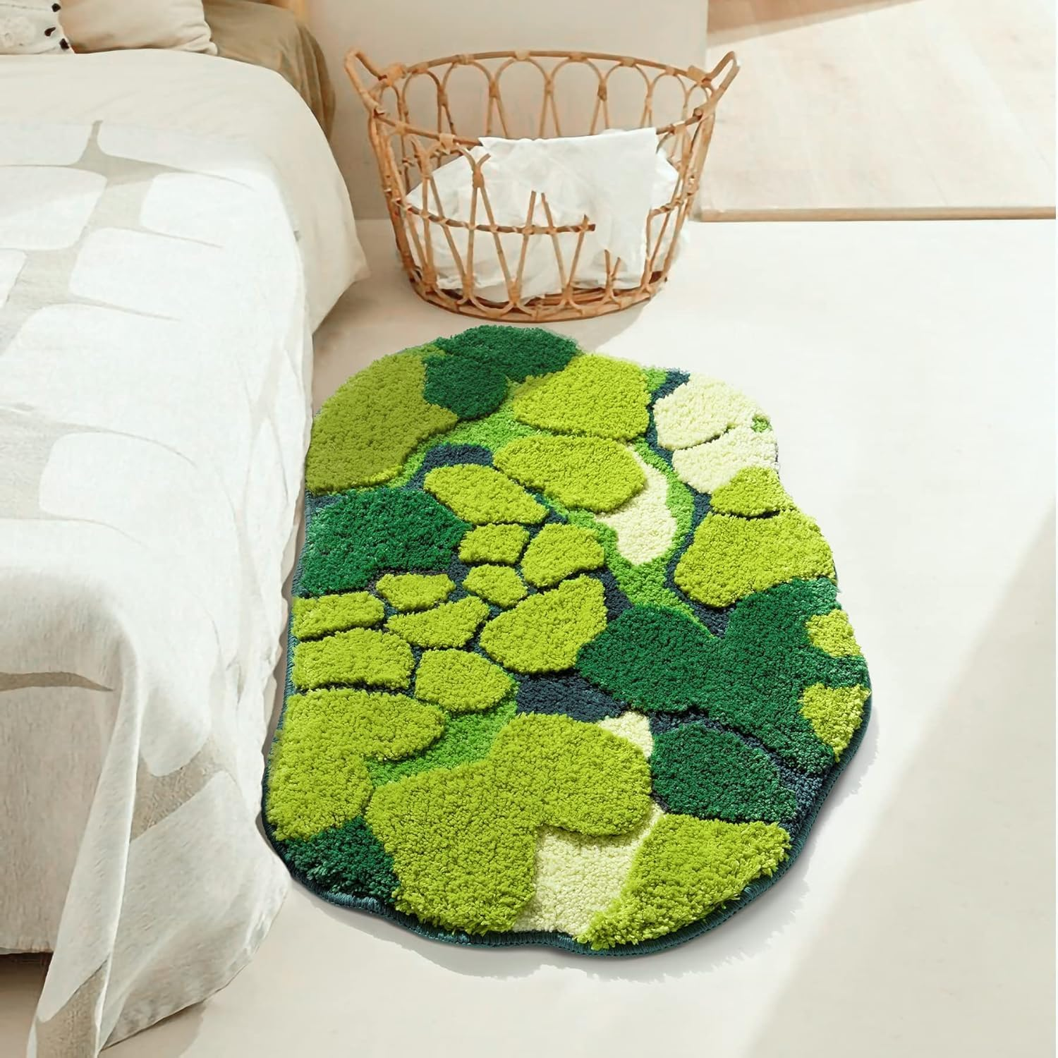 Green Moss Bathroom Rugs Cute Leaf Bath Mat for Bathroom Non Slip Soft Microfiber Water Absorbent Aesthetic Green Bathroom Decor Boho Plush Rug for Shower, 80 * 60Cm image number 5