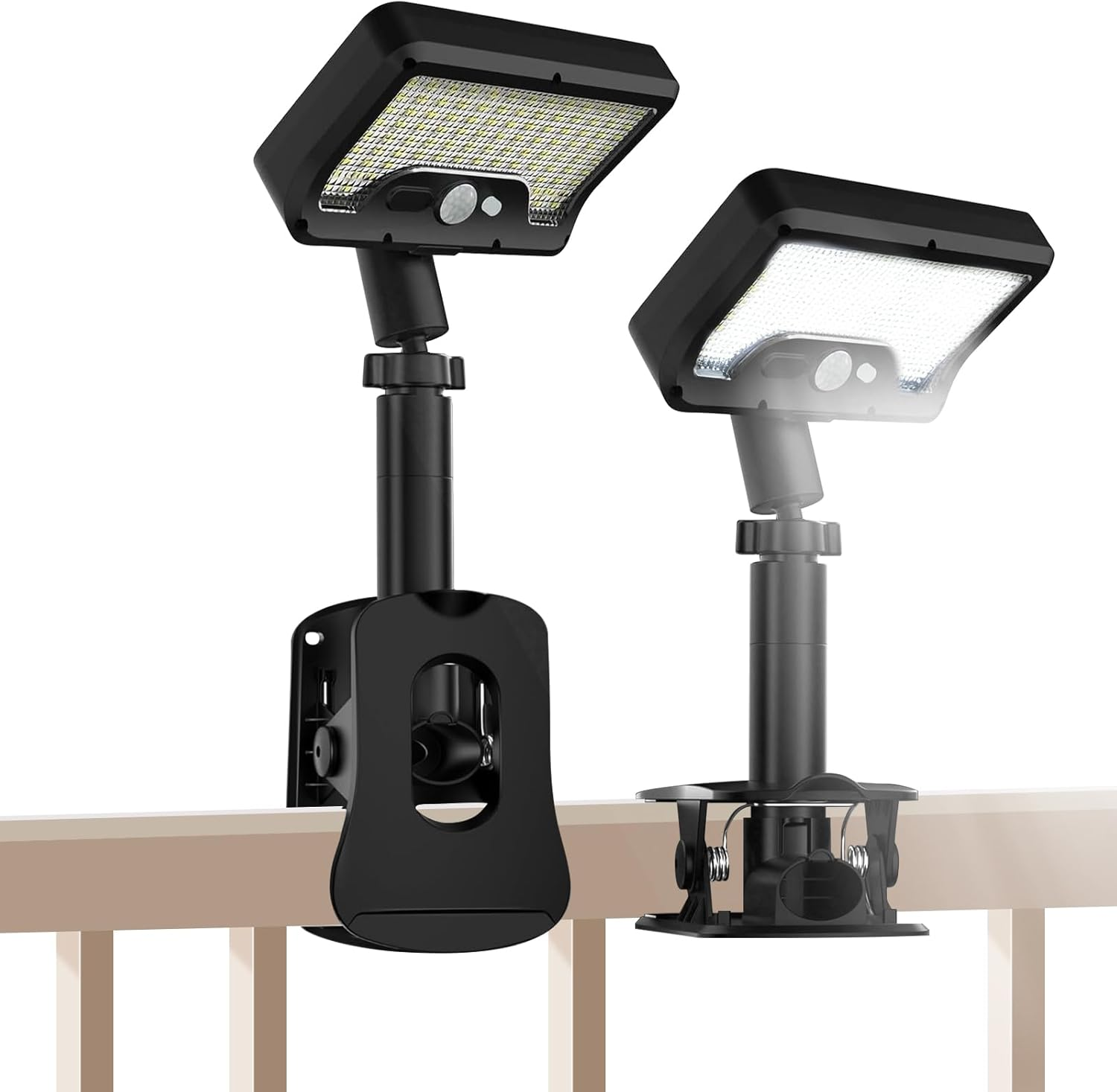 Pacify Clip on Solar Lights Outdoor 92 Leds 600LM Bright Solar Fence Lights with Motion Sensor, 360&deg; Rotatable IP65 Waterproof 3 Modes Powered Clamp Light for Deck Gutter Patio (2 Pack White Light)