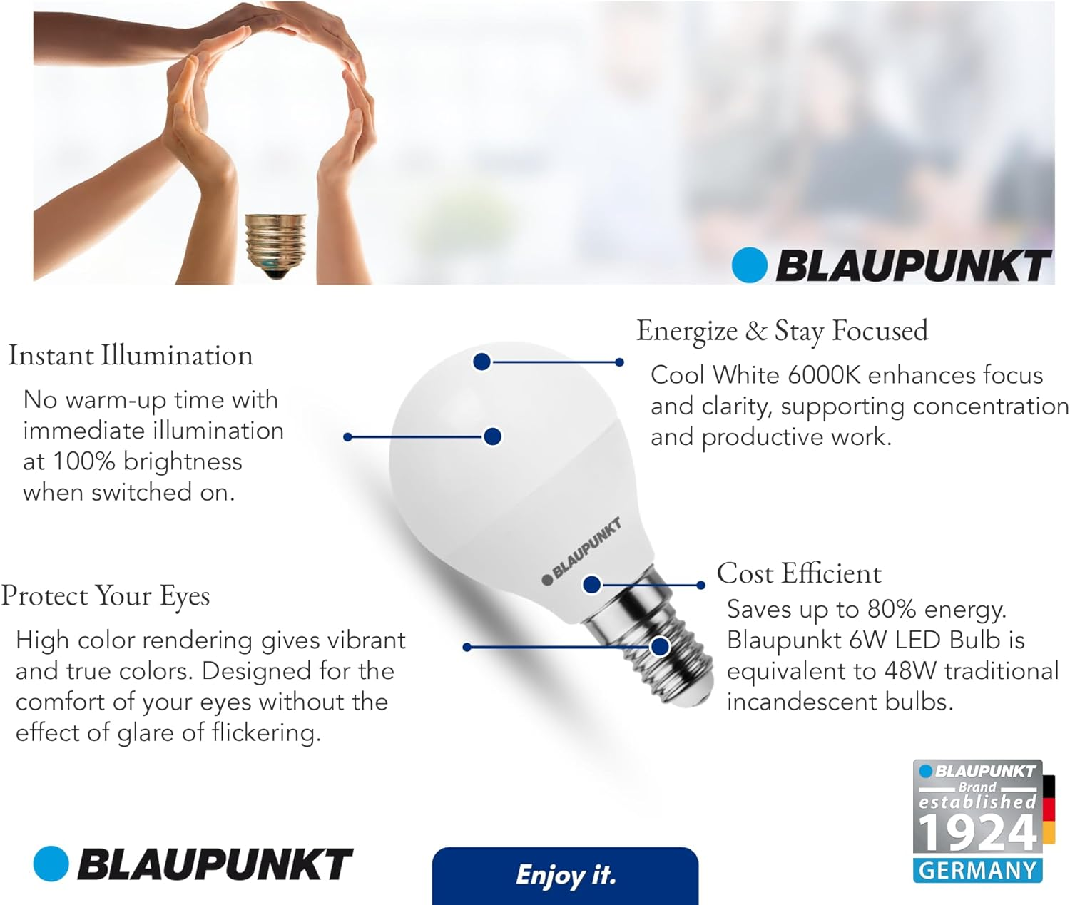 Blaupunkt LED Bulb G45 Golf Ball, E14 Base Screw, 6W, Replaces 50W Incandescent, Cool White 6000K, Cold Light, Non-Dimmable, 520 Lumen, Light Bulb, Room Lighting, 1 Piece (Pack of 1) image number 5