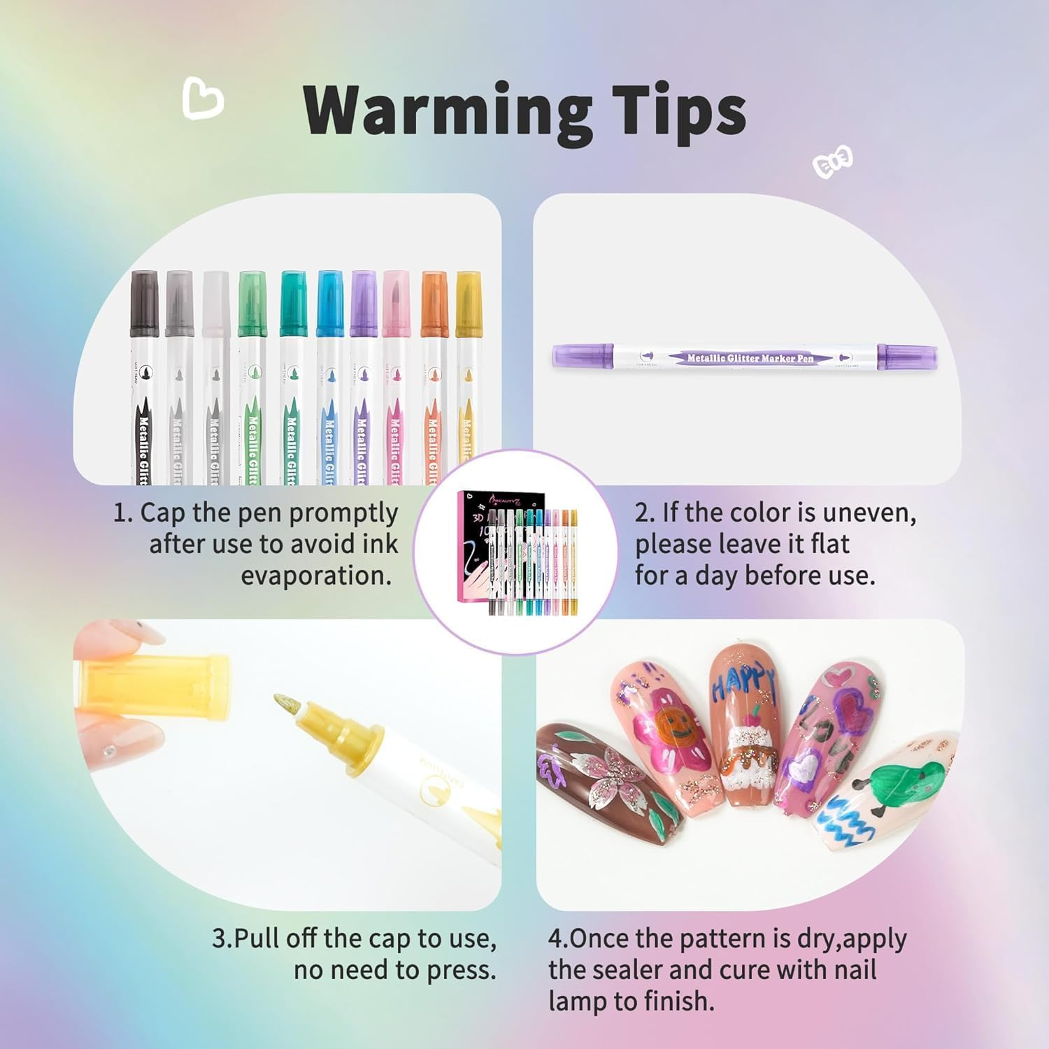 Beauty7 Nail Art Pens Set 10 Color 3D Nail Polish Pens Glitter Dual Tipped Nail Art Pen Drawing Liner Graffiti Dotting Painting Pen Liner Brush Acrylic for DIY Nail Art Beauty image number 4