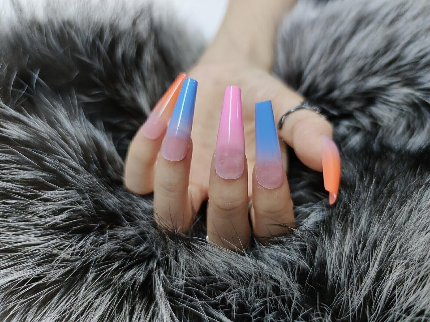 Press on Nails Fake Long Coffin Nail Tips Rainbow Ombre 20 Pcs image number 2