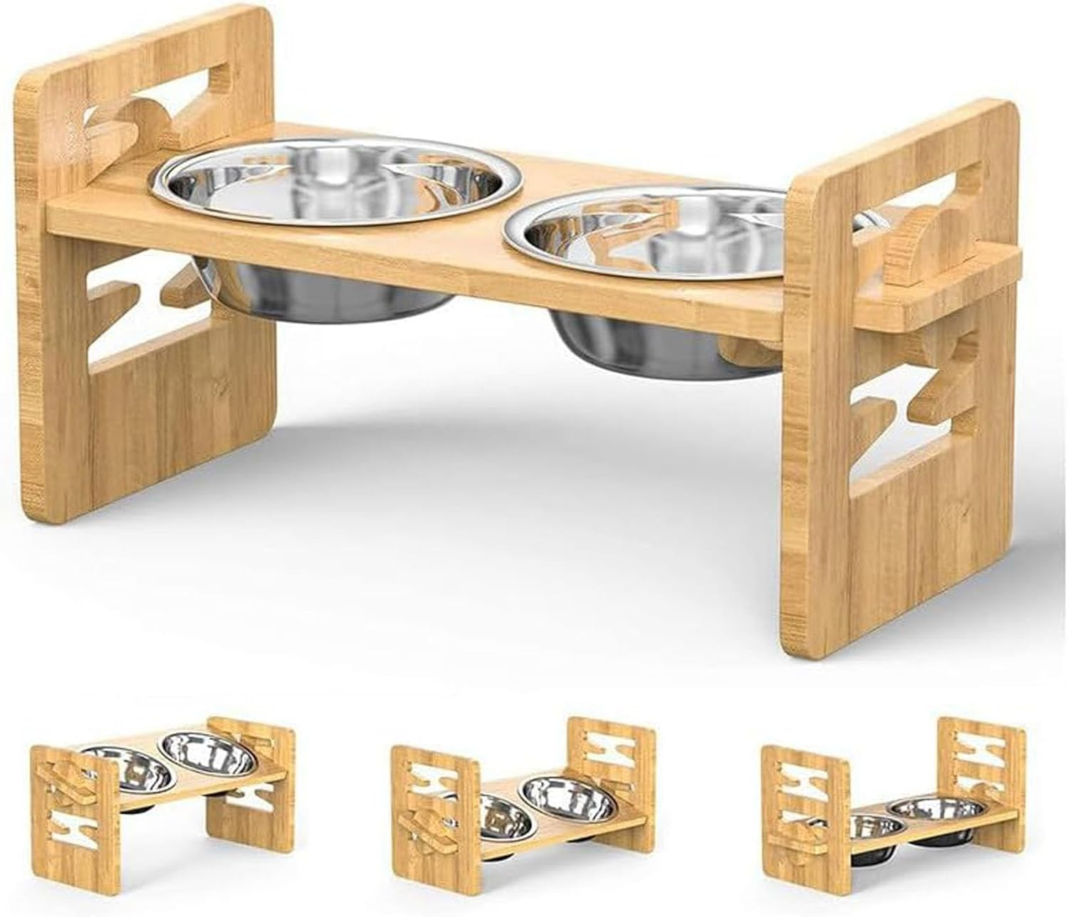 Elevated Dog Bowls-Adjustable Raised Dog Bowls Slanted Bamboo Pet Feeding Station with Stainless Steel Bowl for Small & Medium Dogs, Cat Kitten Flat Faced Puppy Feeder image number 3