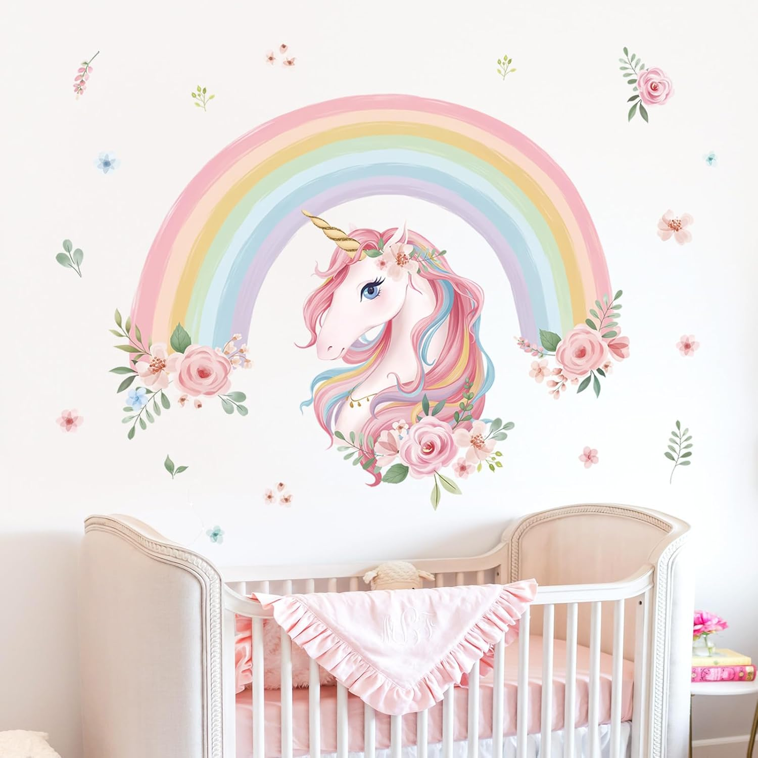 Wondever Large Rainbow Wall Decals Unicorn Flower Peel and Stick Wall Art Stickers for Girls Bedroom Kids Room Baby Nursery
