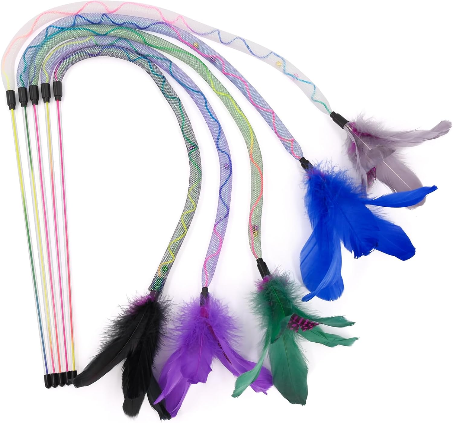 SONGWAY Cat Rainbow Wand Toy - Rainbow Cat Feather Toys with Bells, Colorful Mesh Teaser Wand with Feather Tail, Interactive Toys for Indoor Cats Kittens, Dark Color image number 1