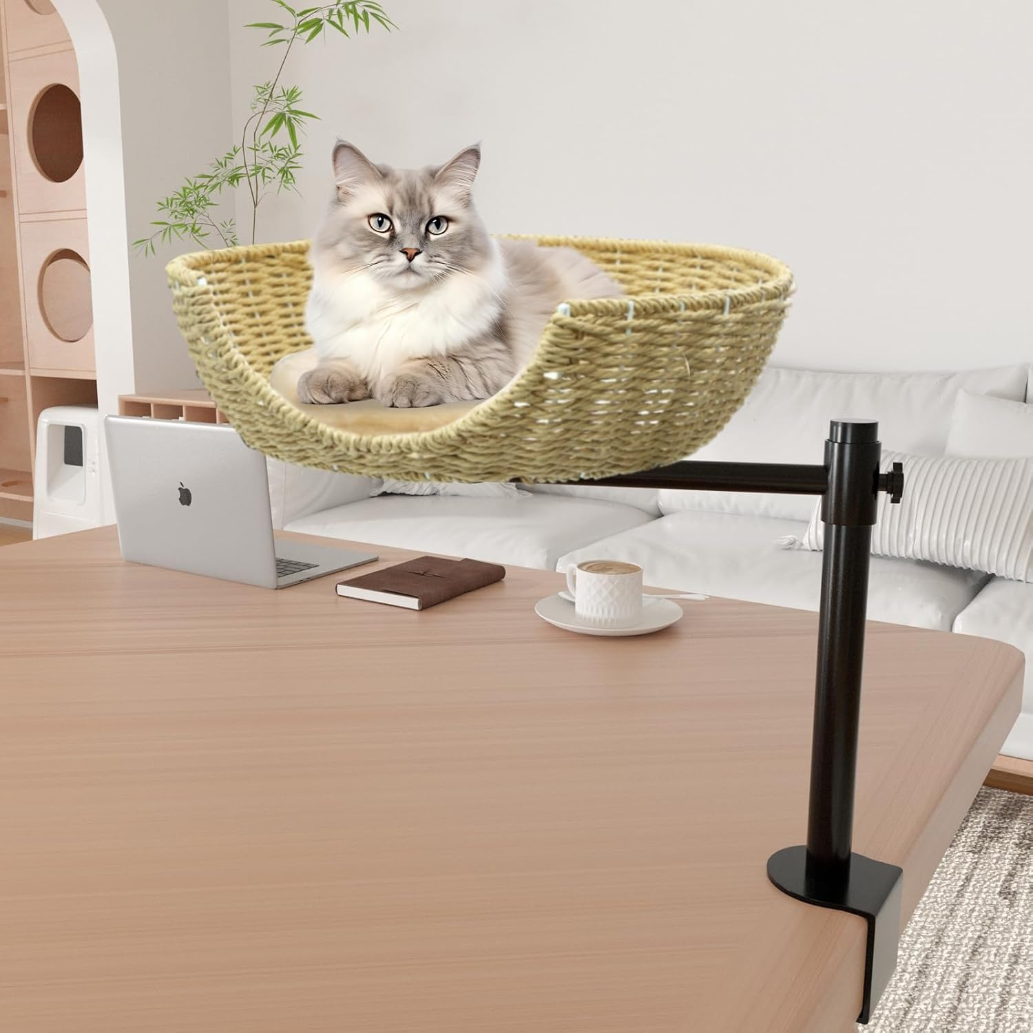 PTEROMYS Cat Desk Bed, Cat Bed for Desk Perch with Paper Rope Material, Steel Frame, Adjustable Height, 360 Rotating Cat Desk Bed, Suitable for Cats 22 Pounds (Beige) image number 3