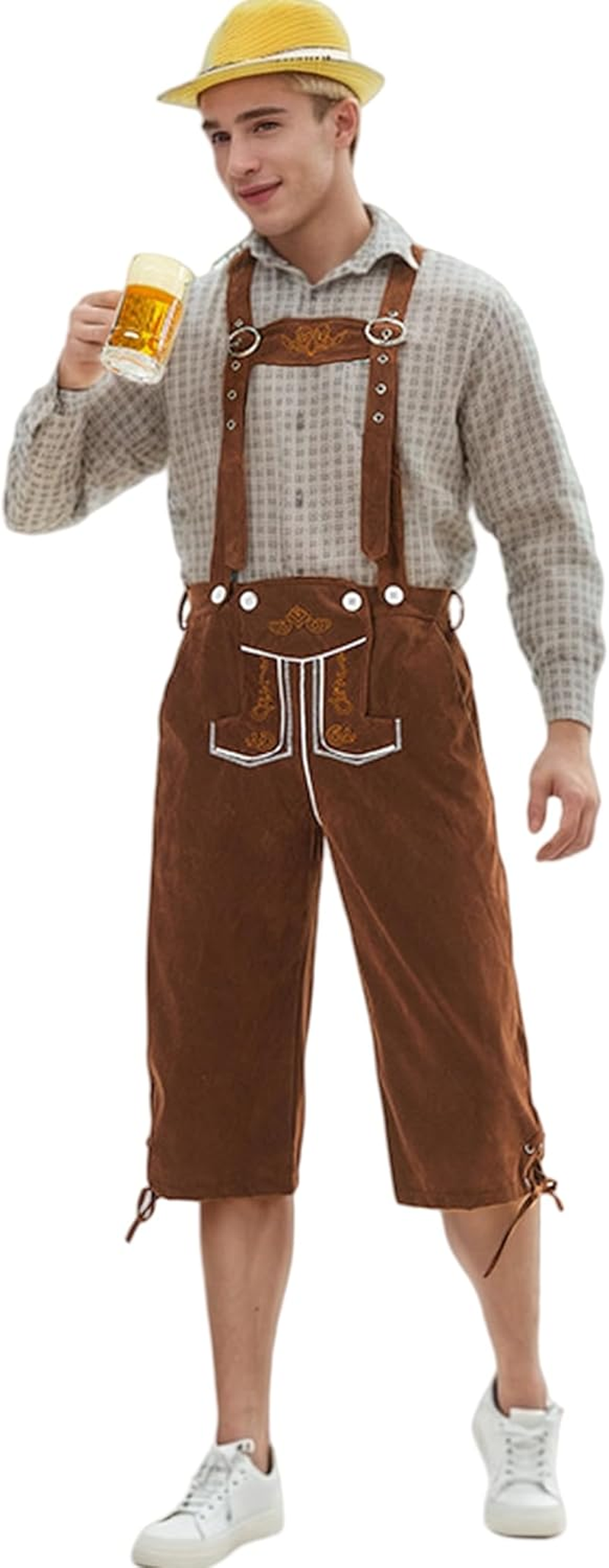 Men'S Oktoberfest Costume Pants Black Checkered Suede Leather Suspender Buckle Adult Men Halloween Costume