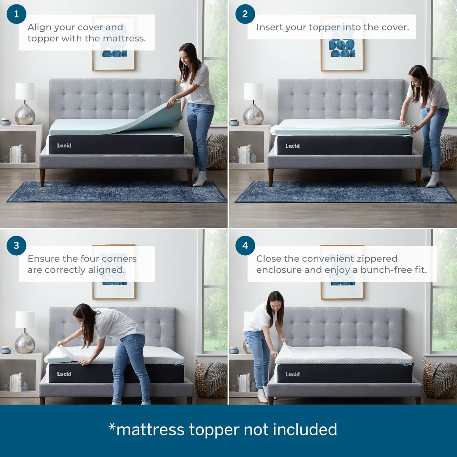 Lucid 2 Inch Mattress Topper Cover - Breathable, Washable, Non-Slip, Zippered - Twin XL, White image number 4