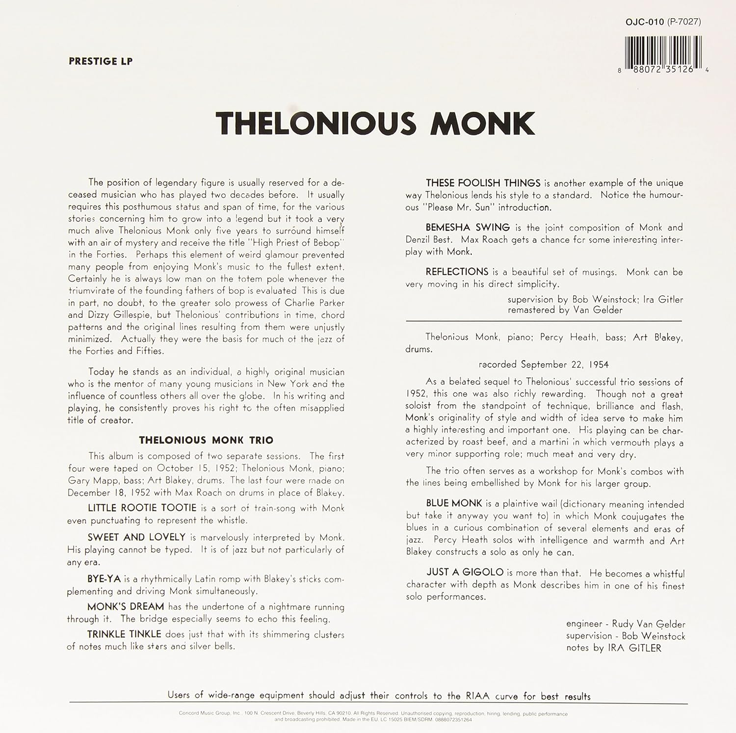Thelonious Monk Trio (Vinyl)