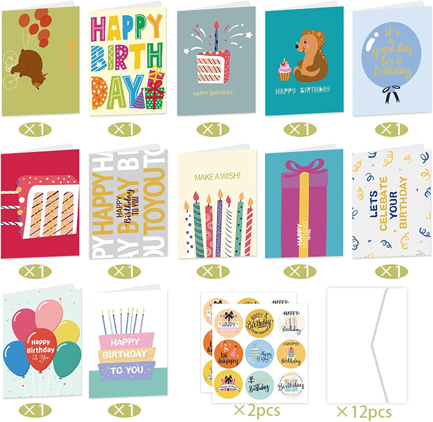 12PCS Birthday Cards Assortment, 4.13X 6.1 Inch 12 Cards with Envelopes and 18PCS Stickers,Congratulation Card Best Birthday for Husband Wife Mother Father Children Boys Girls image number 2
