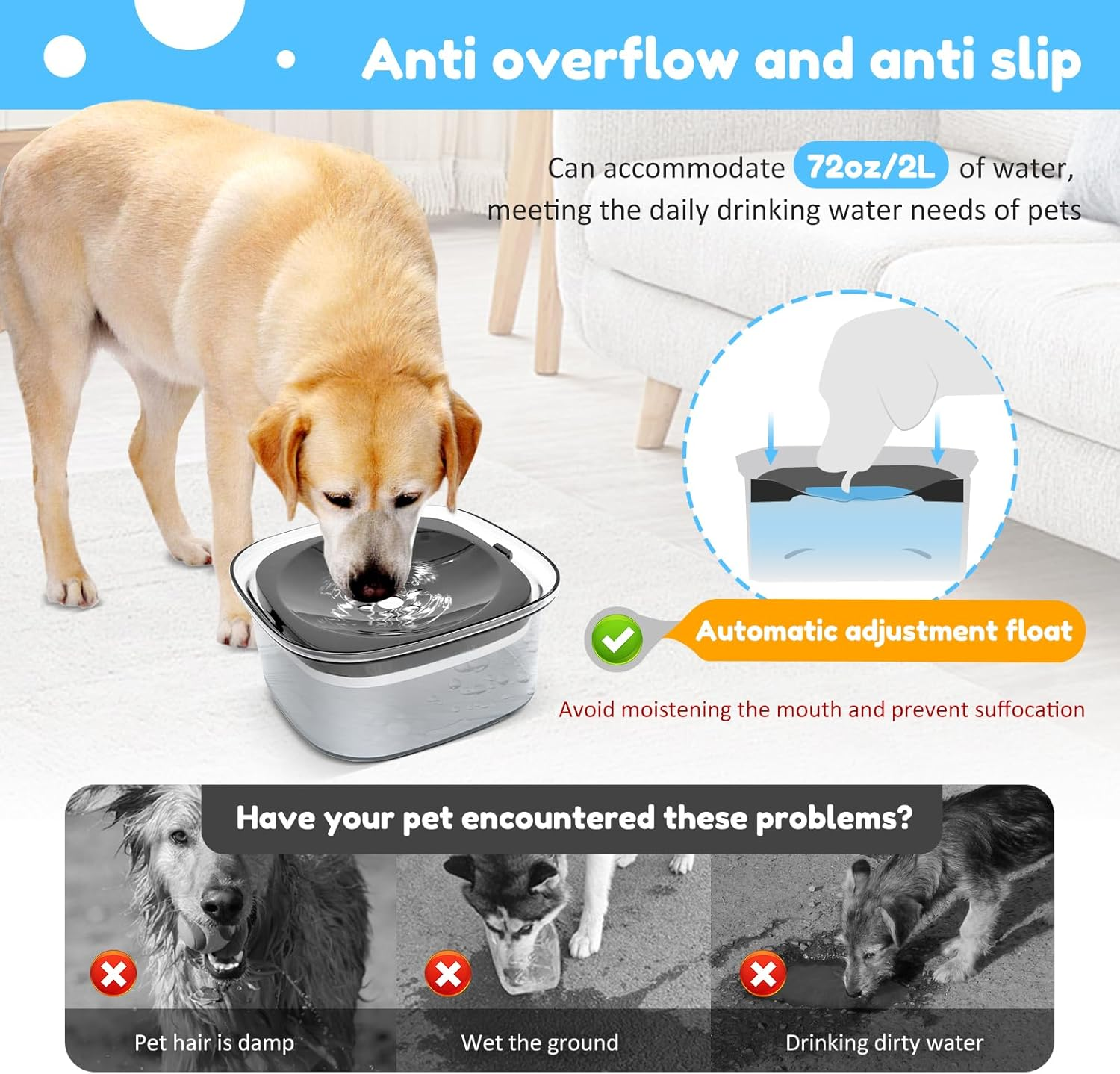 No Spill Dog Water Bowl 2L Pet Slow Water Bowl Transparent Slow Drinking Water Bowl Spill Proof Dog Bowl with Water Level Mark Portable Pet Bowl for Dogs Cats (Transparent Black) image number 6