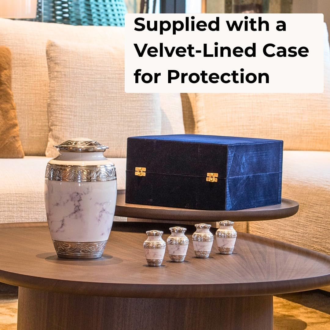 GR8 Keepsakes White Marble Urn with 4 Small Keepsake Urns for Human Ashes - Adult Male, Female, Decorative Cremation Urn