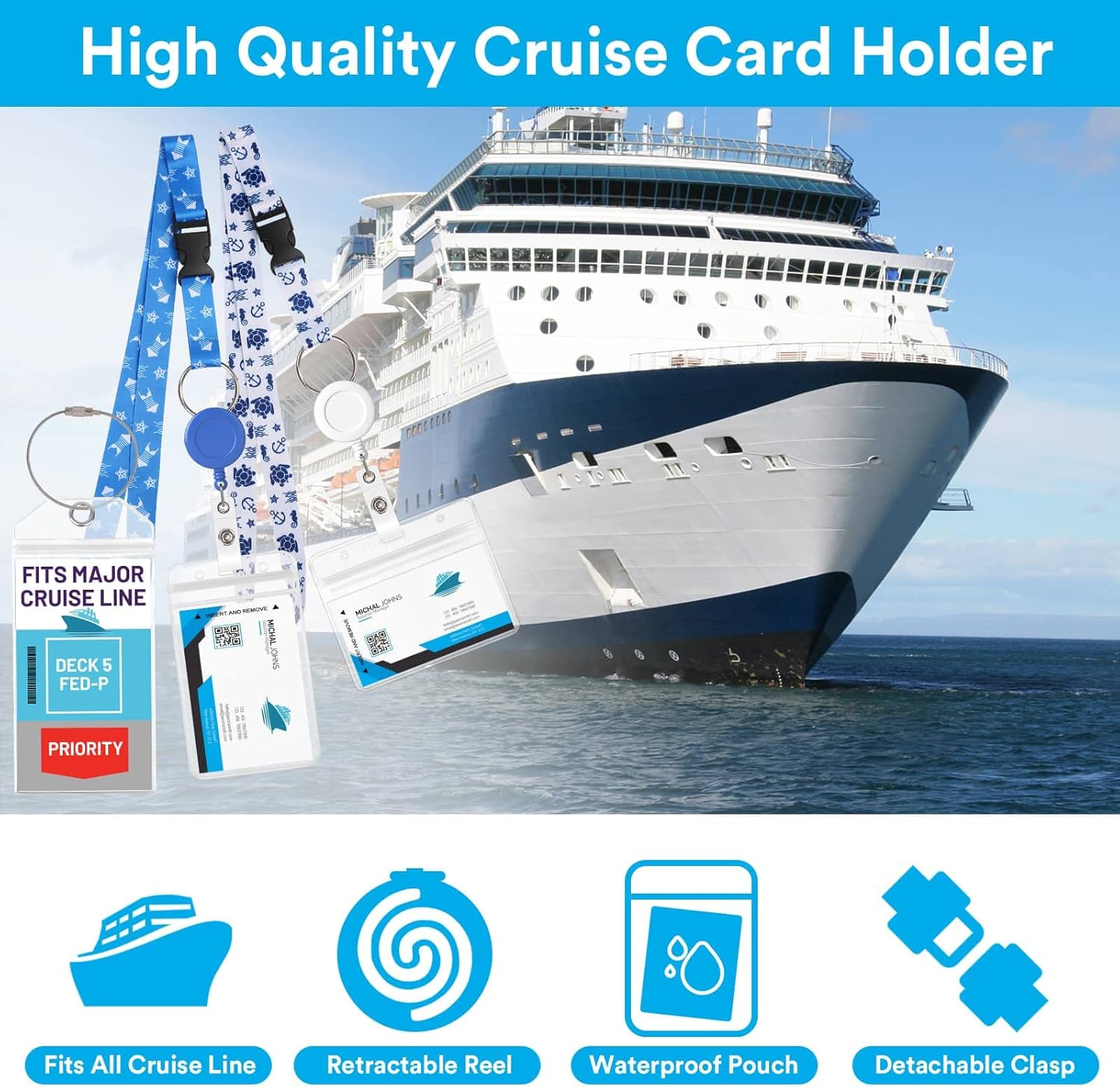 6 Pack Lanyards with Ship Card Holders, Retractable Badge Reels with Waterproof Luggage Tags ID Holders for Cruise Essentials Accessories Key Cards