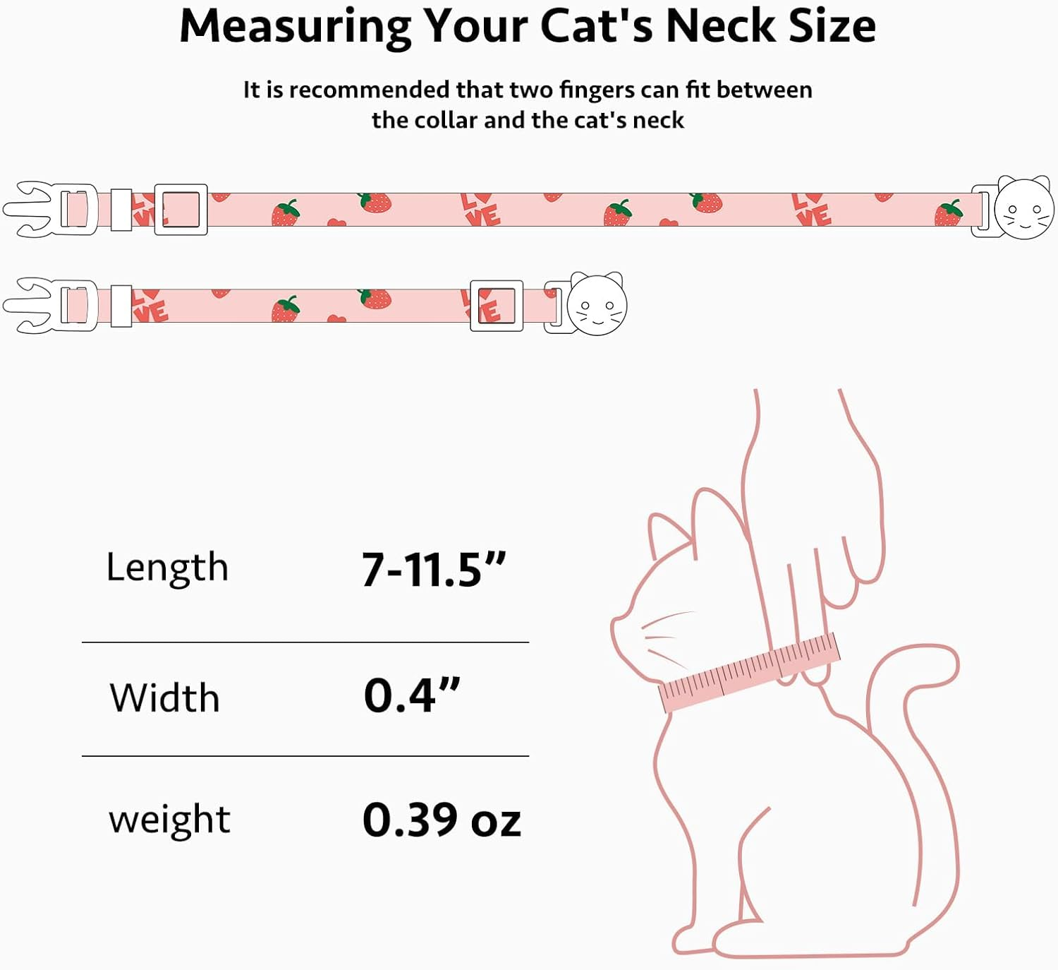 2 Pack Cotton Breakaway Cat Collar Pink Strawberries and White Heart Shaped Pendant Cute Kitten Cat Collar with Bell - Pinkwhite image number 3