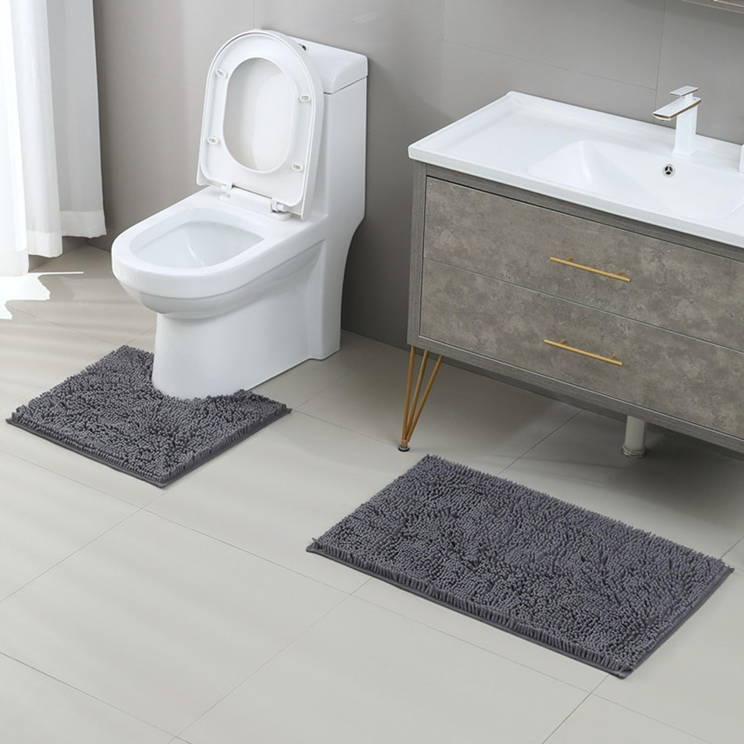 Taicols Bath Mat Set, 2 Pcs Non-Slip Microfiber Shag Bathroom Rug Mat, Chenille Non-Slip Back Bathroom Mat, U Shape Toilet Rug Fleece Softness, Bathroom Carpet, Super Soft Microfiber Bath Rug (Camel)