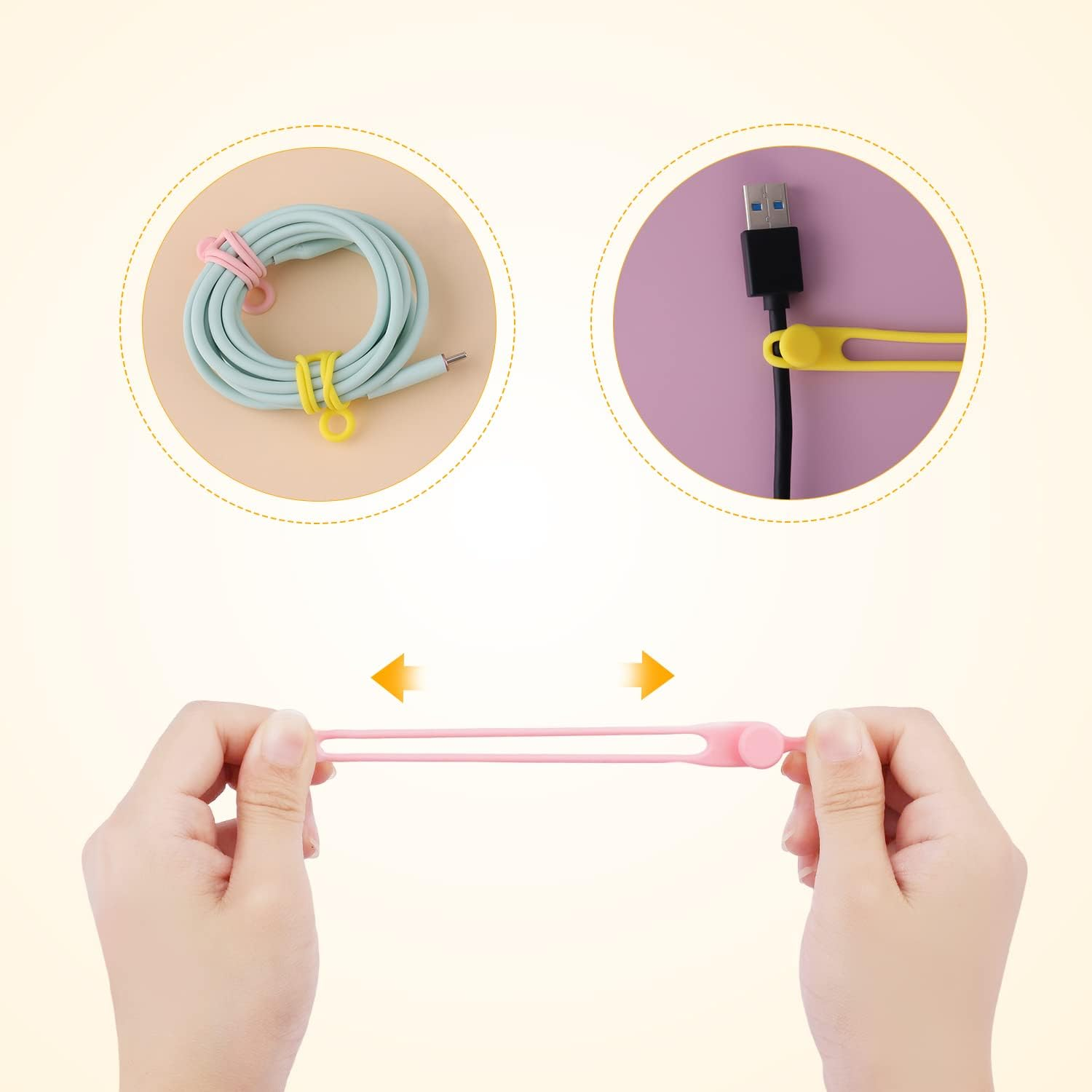 KINBOM 12Pcs Silicone Cable Straps, Reusable Wire Ties Multipurpose Cord Organizer Straps Stretchy Cord Keeper for Earphone, Phone Charger, USB Cables, Kitchen Appliances, Pencil (6 Colors) image number 6