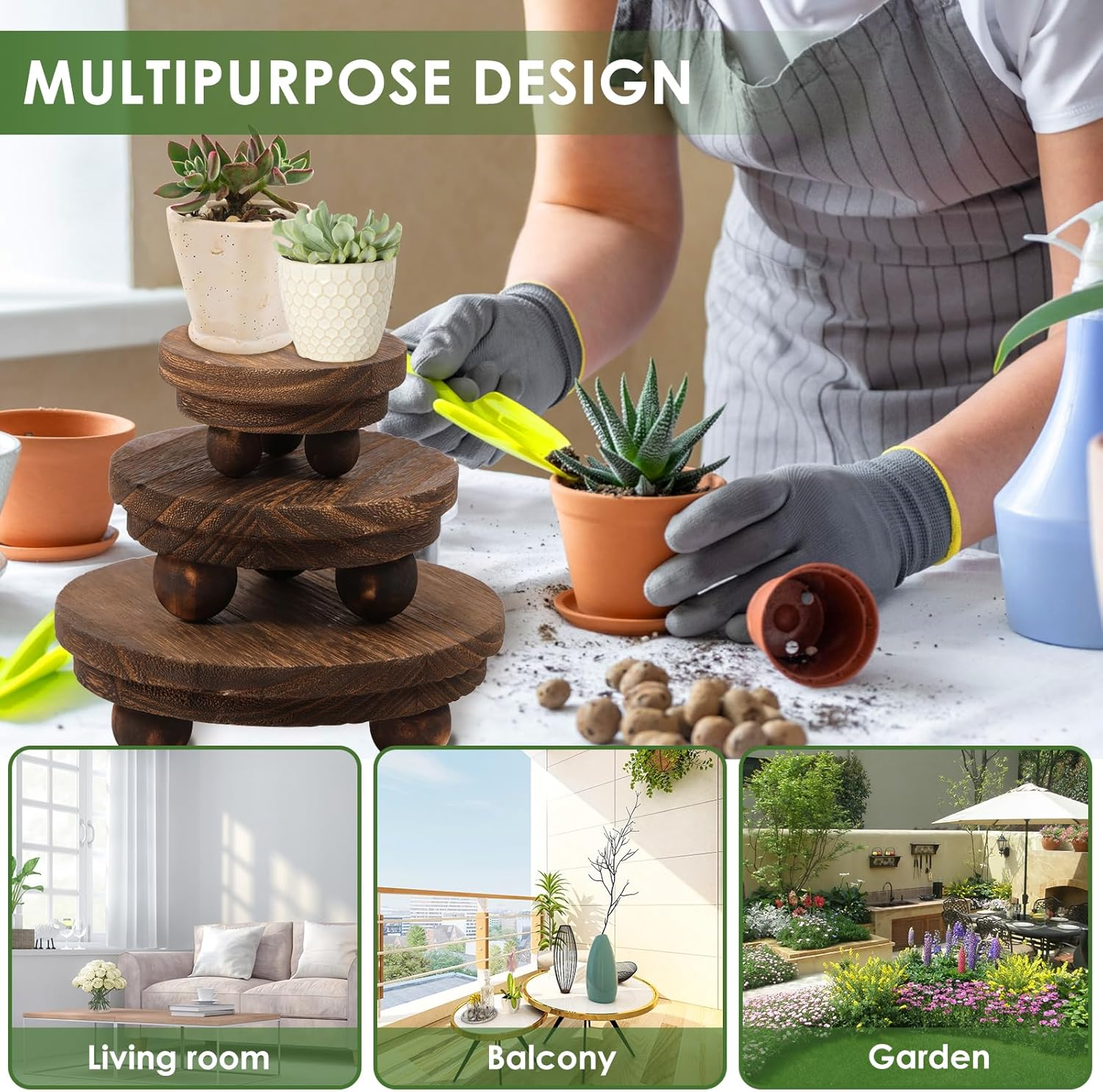 3 Pcs Wood Risers for Decor, Wood Pedestal Stand for Display, round Mini Riser Stand, Tiered Tray Decor Riser, Stackable Wooden Stool Display Stand Flower Pot Holder for Indoor Outdoor (Brown) image number 4