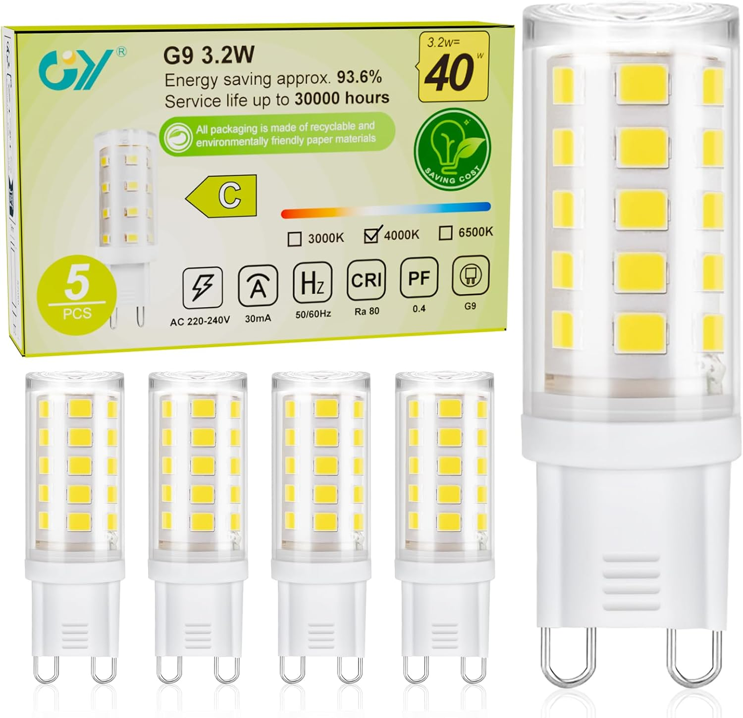 GY G9 LED Bulbs,3.2W Neutral White 4000K Energy Saving Light Bulbs,Equivalent to 40W,520 Lumen No Flicker, Not Dimmable for Home Lighting Decor,5 Pack image number 2