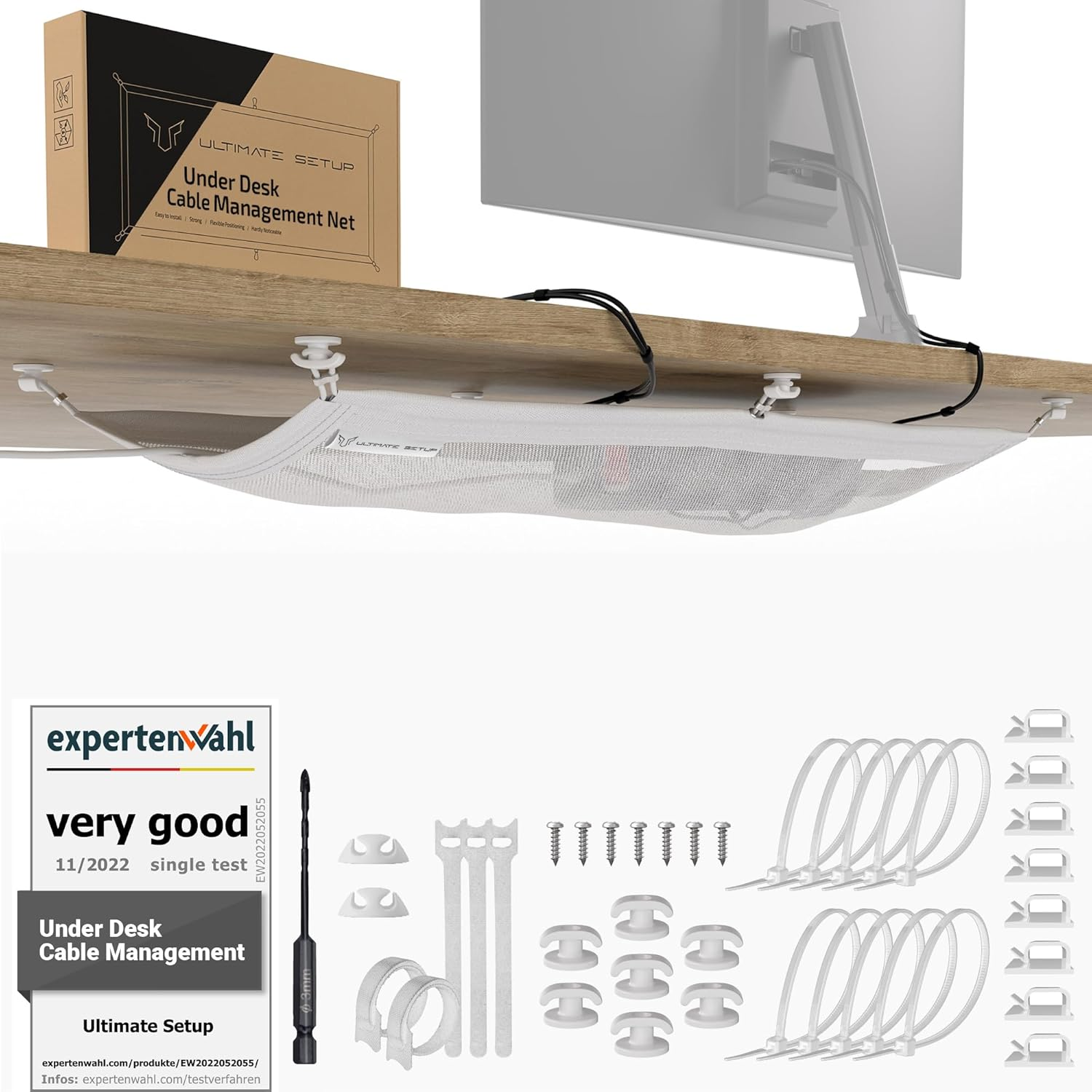 Cable Management Net - under Desk Wire Management - Flexible under Desk Cable Management Tray White