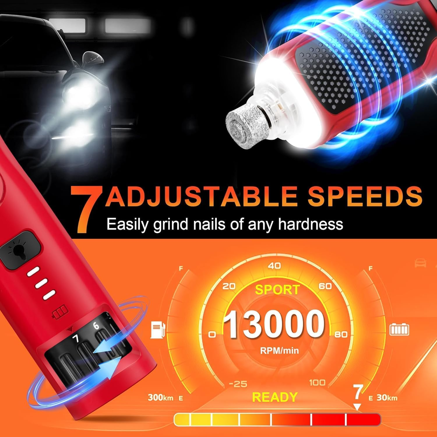 Dog Nail Grinder, 7-Speed Dog Nail Trimmers for Large Medium Small Dogs Cats Pets Claw Trimmer Super Quiet and Low Vibration Type-C Rechargeable with Enhanced 360&deg; LED Lights Pet Nail Grinder image number 5