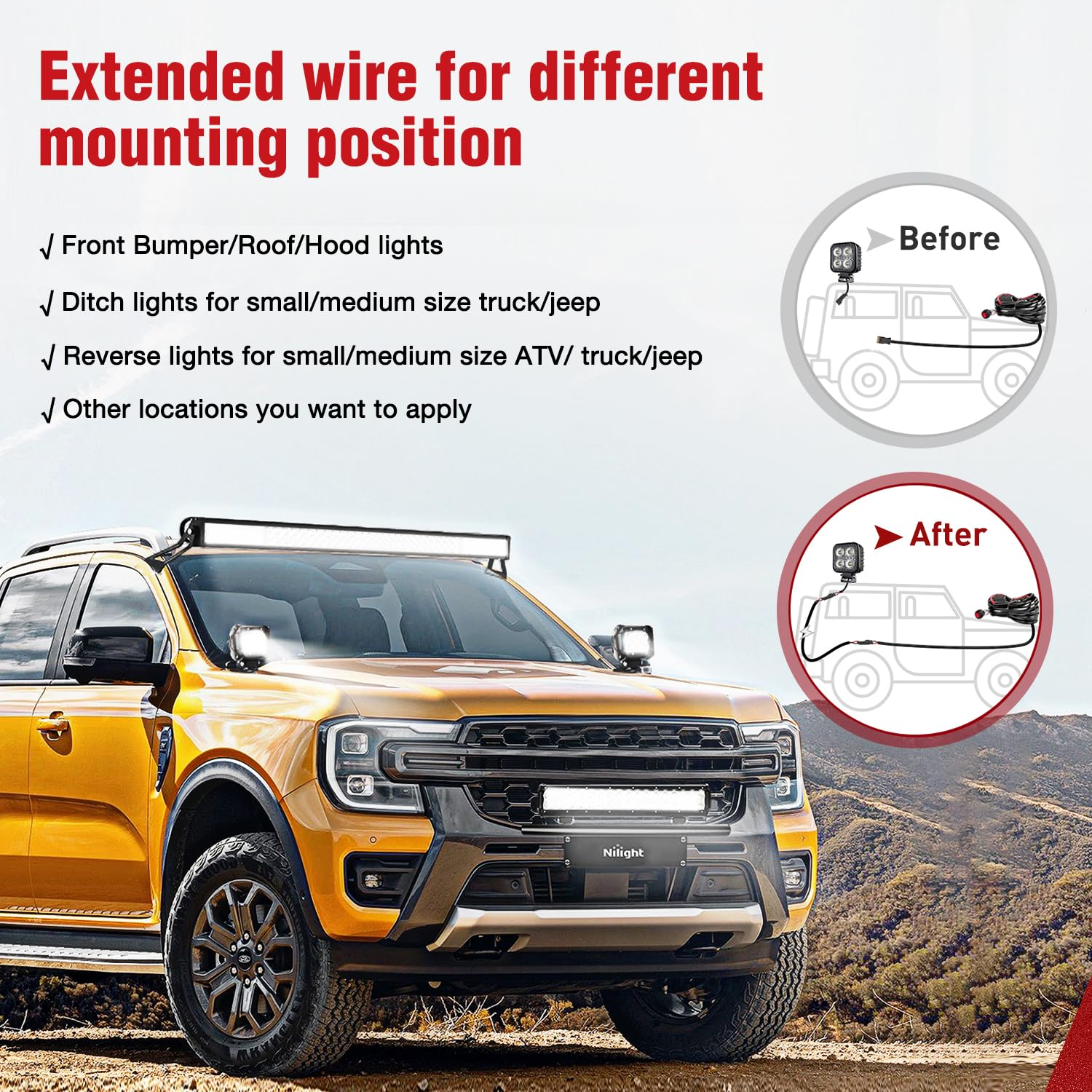 Nilight 2PCS 16AWG 10 Feet Wiring Harness Extension Kit, Extended Plug and Play 2-Pin Socket DT Connector Wire Cord for Offroad LED Light Bar Work Light Led Pod Driving Fog Boat Light image number 1