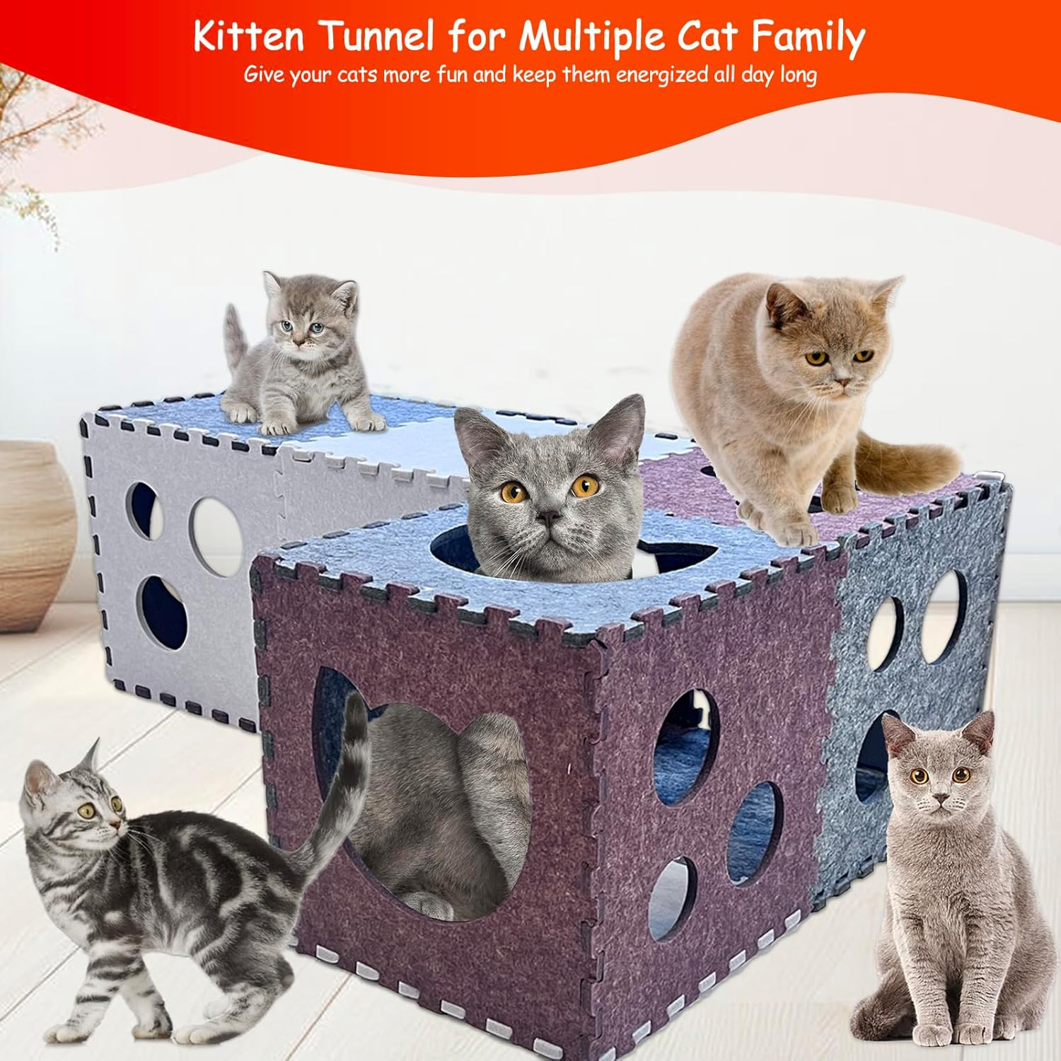 18 PCS Cat Tunnel for Indoor Cats,Diy Transformable Cat Hideaway Cave,Kitten Play Tubes and Tunnels,Felt Peekaboo Cat Toy with Interactive Peek Holes