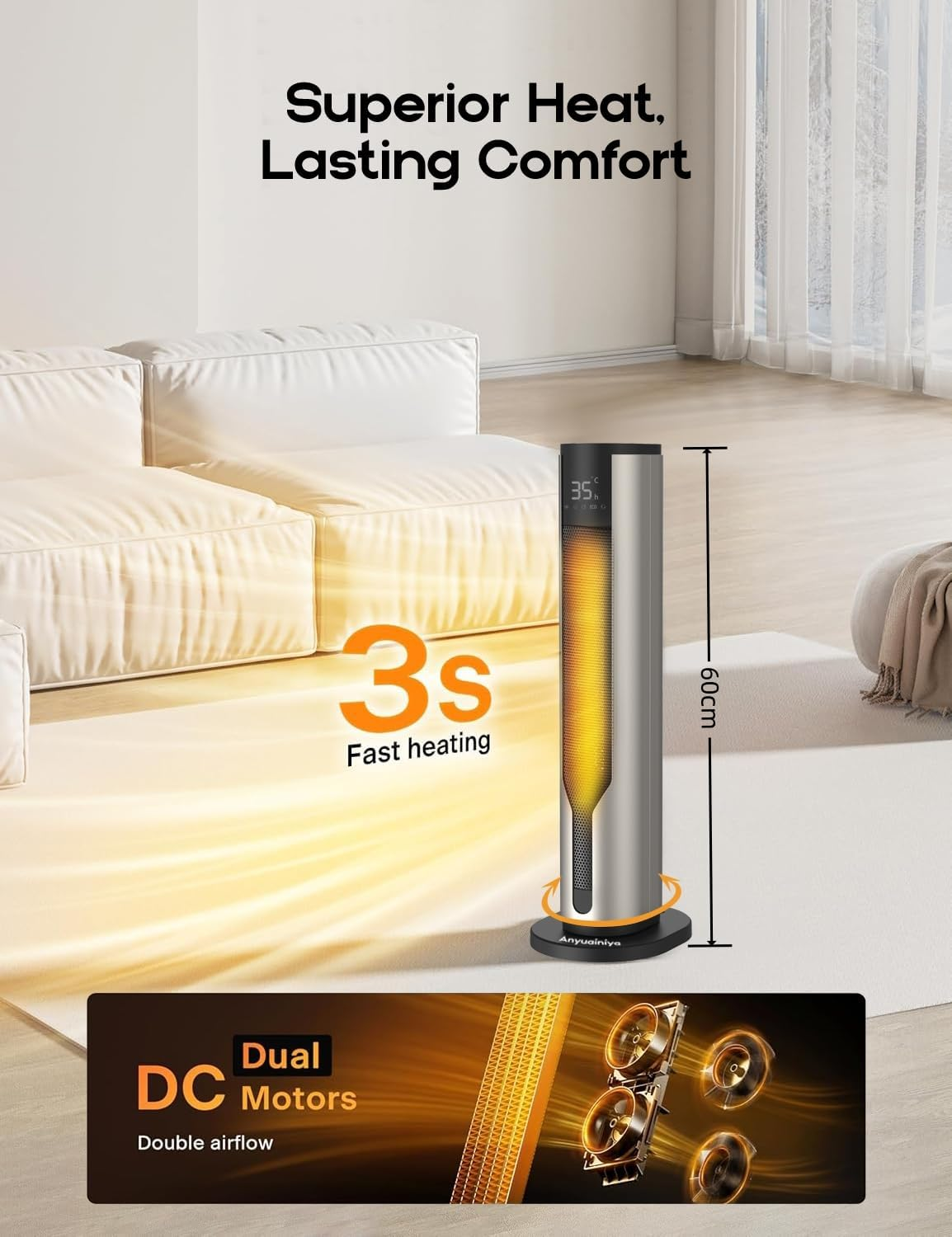 2000W Space Heater for Indoor Use, 60Cm Height Portable Fan Heater, 70&deg; Oscillating Tower Space Heater with Remote, 4 Modes, 12H Timer, Overheating & Tip-Over Protection, Electric Heater for Home image number 1