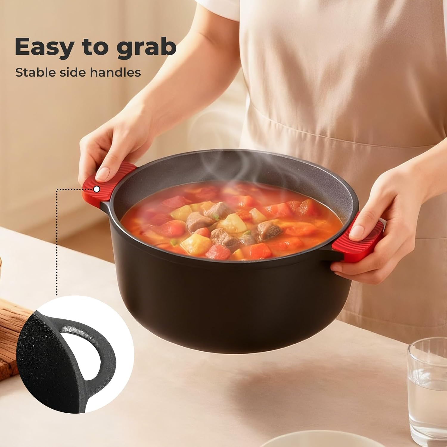 Toque Cast Iron Dutch Oven, Dutch Oven Pot with Lid and Dual Handles, round Pre-Seasoned Pot for Induction Electric Grill Stovetop BBQ Camping, Cast Iron Skillet Cookware, 6.6 Liters, Black image number 1