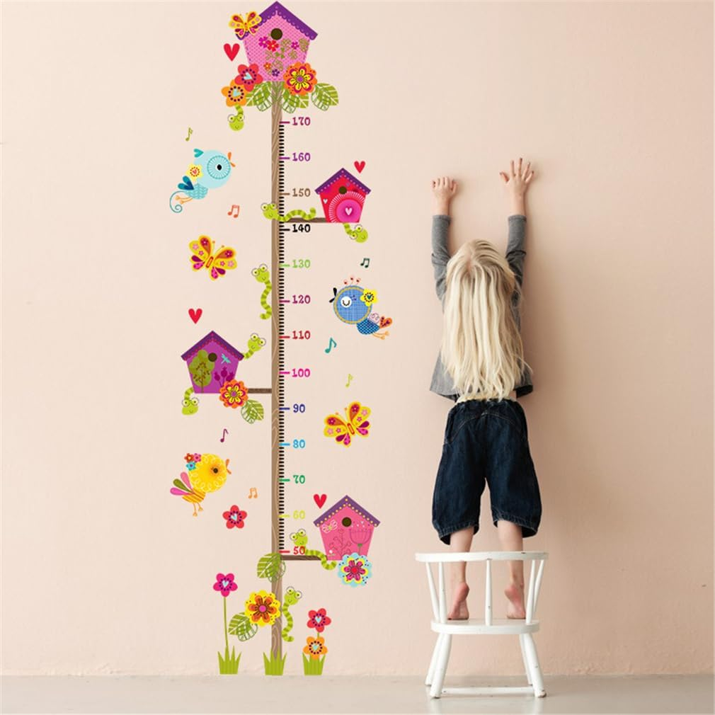 Height Growth Chart Stickers for Kids, Cute Tree Birds Butterflies Cartoon Wall Stickers, Height Measurement Wall Decals Art Decoration for Baby Boys Girls Kids Bedroom Living Room Nursery Playroom