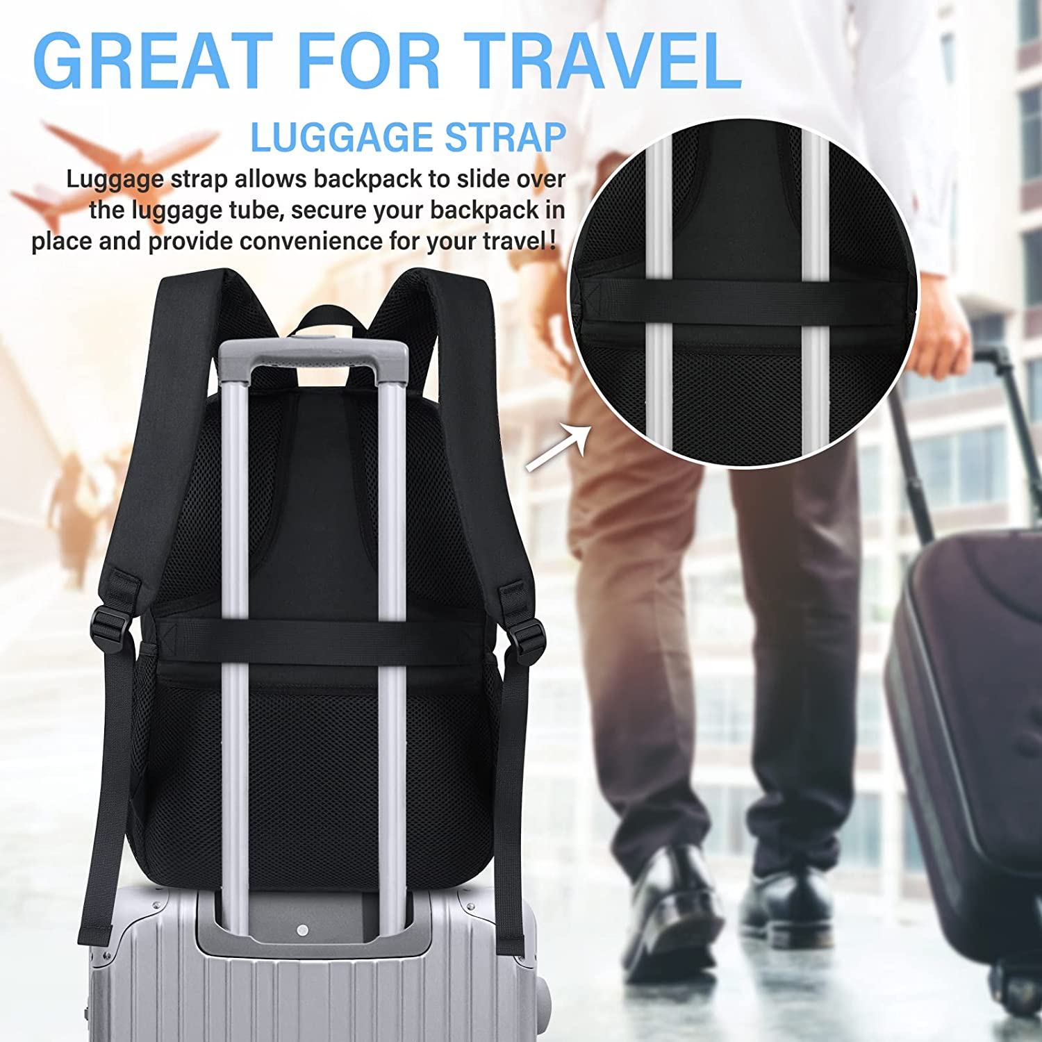 15.6Inch Laptop Backpack, Travel Backpack with USB Charging Port and Headphone Hole for Men and Women, Business Laptop Carry on Luggage Backpack for Business College, Black image number 5