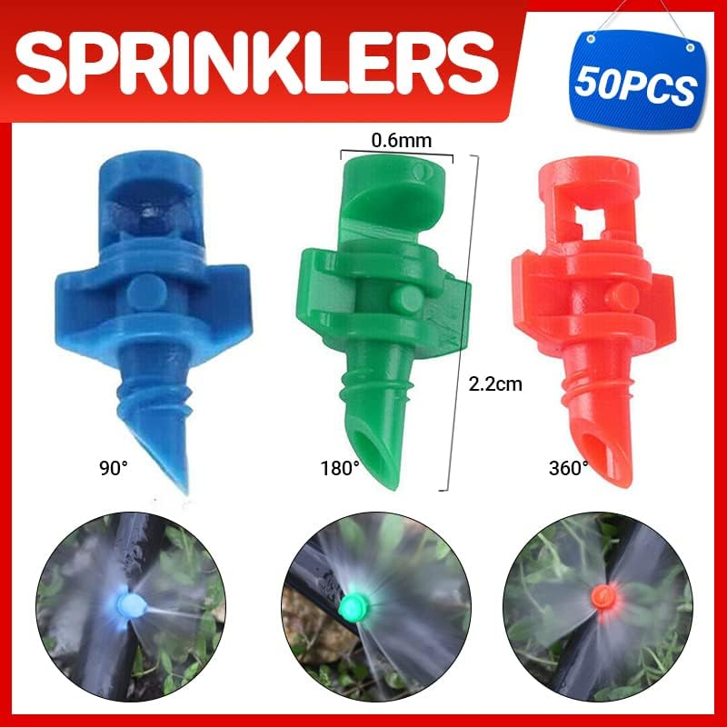 AIMALL 50PCS Micro Spray Jets 90-360D Watering Misting Nozzle Sprinkler Irrigation, Durable Plastic Misting Sprinklers, Easy Install on PVC/PPR/PE Pipes