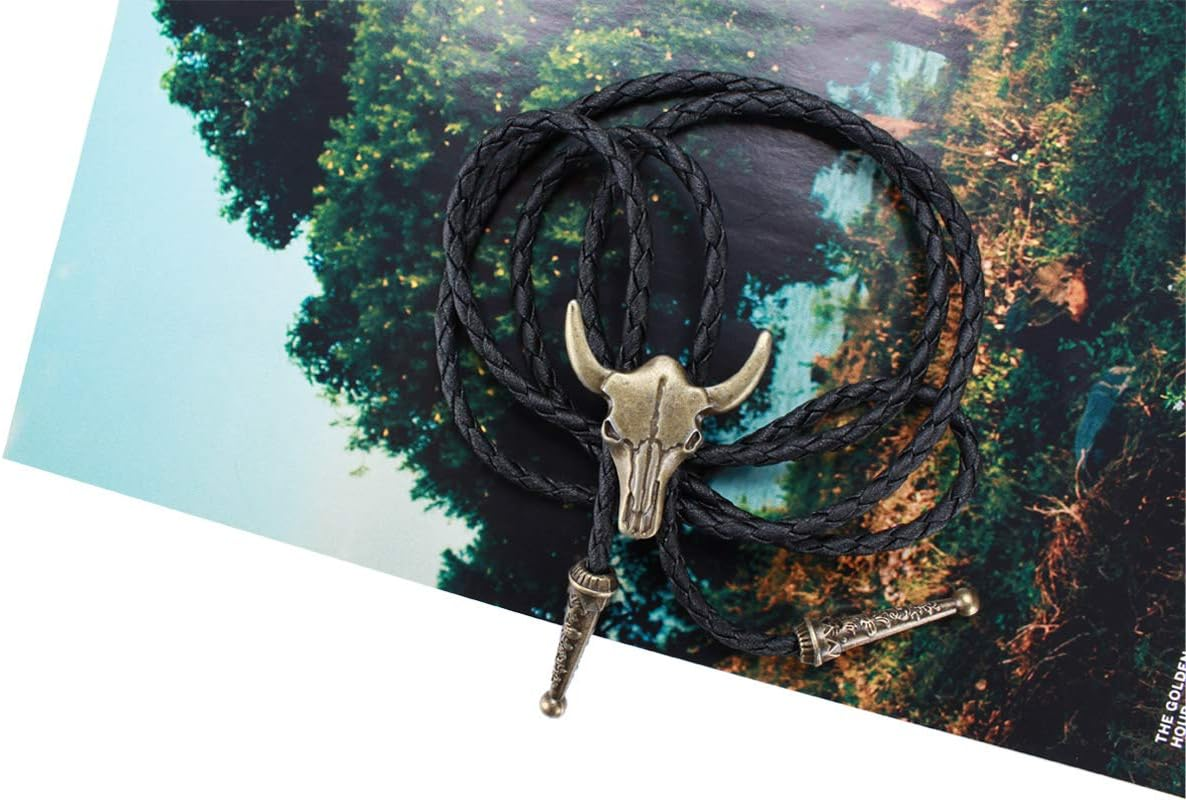 Western Vintage Bolo Tie for Men - Cow Skull Design Cowboy Tie - Black Leather Bolo Necktie Necklace image number 3