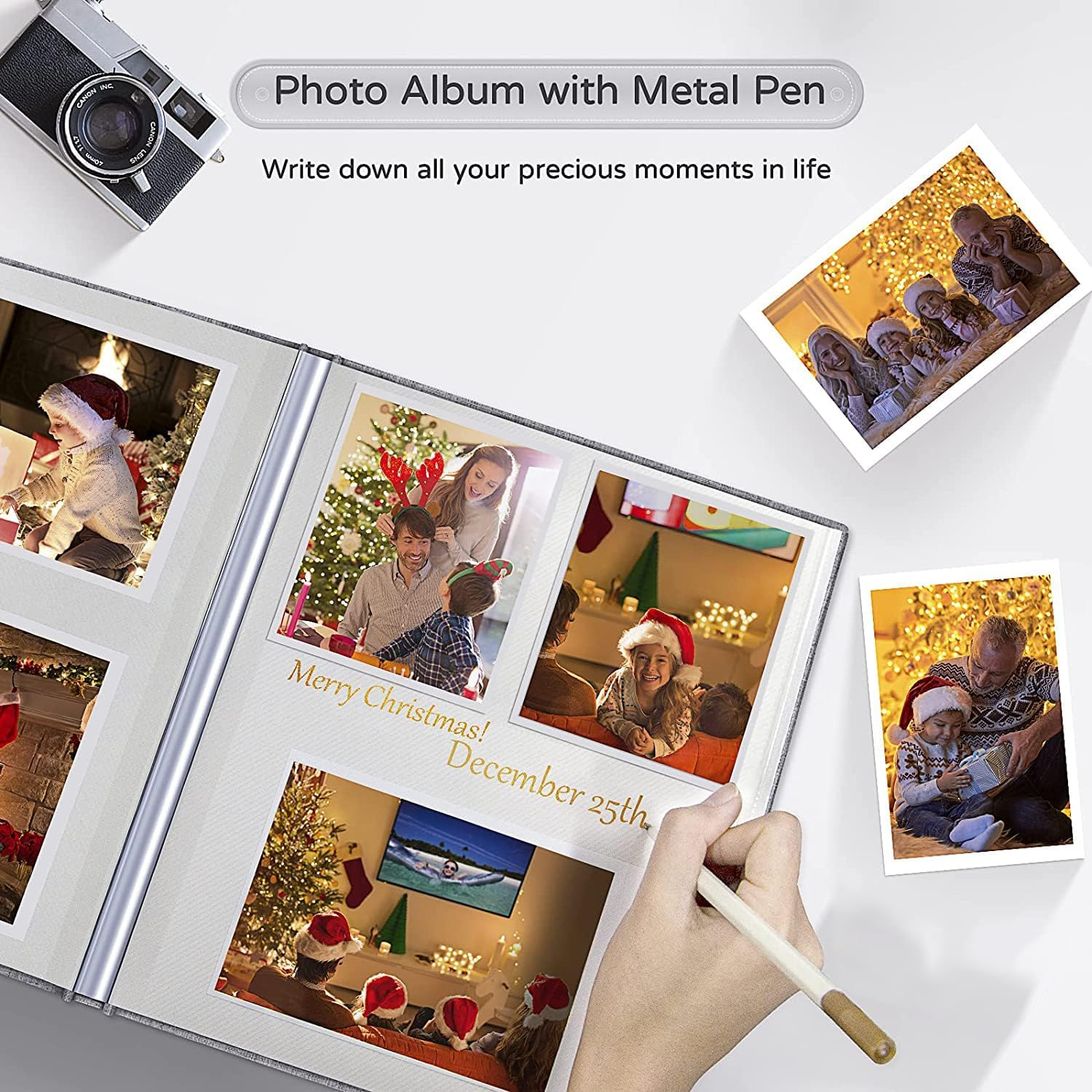 Large Photo Album Self Adhesive for 4X6 5X7 8X10 Pictures 60 Blank Pages,Diy Linen Scrapbook Album with 1 Metallic Pen (Classic, Grey, 11"X10.6" 60Pages) image number 7