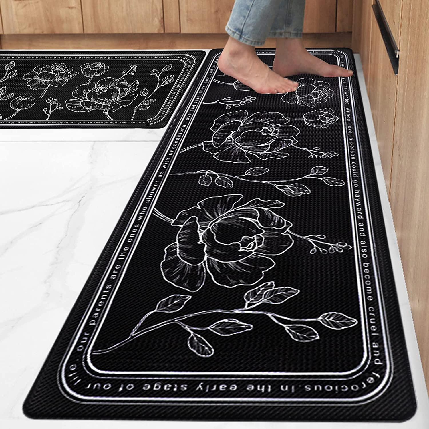 ROTTOGOON Kitchen Floor Mat Set of 2, Cushioned anti Fatigue Kitchen Mat 17"X47"+17"X29", Non-Slip Waterproof Kitchen Rug, Premium PVC Comfort Kitchen Mats and Rugs for Kitchen, Office, Home, Laundry