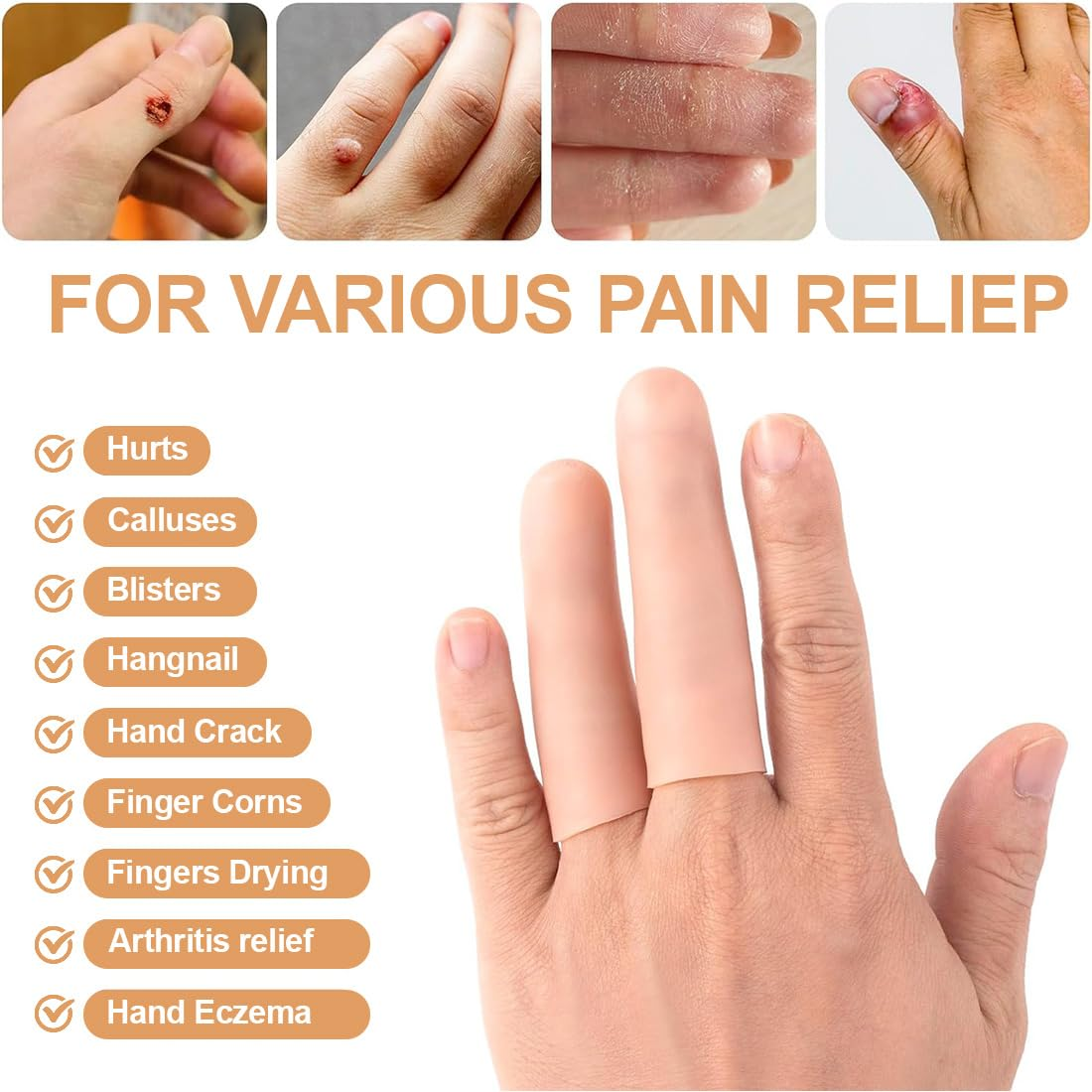10 X Silicone Gel Finger Cots for Hand Eczema, Finger Cracking and Finger Arthritis and Protective Hand Bandage - Beige2 image number 7