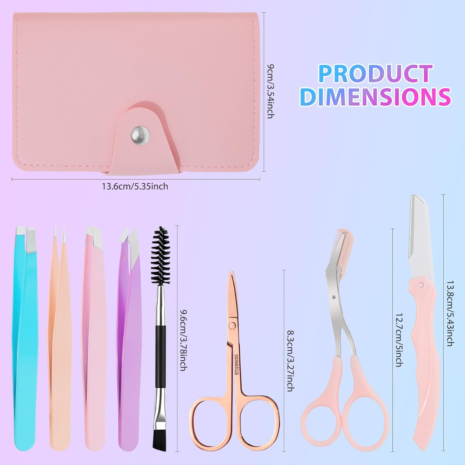 HEYMKGO 8 Piece Tweezers Set Precision Tweezers Stainless Steel with Travel Case Eyebrow Scissors with Comb Removable Scissors Eyebrow Razor Eyelash Brush Tweezers Eyebrow Plucking for Women Coloured image number 6