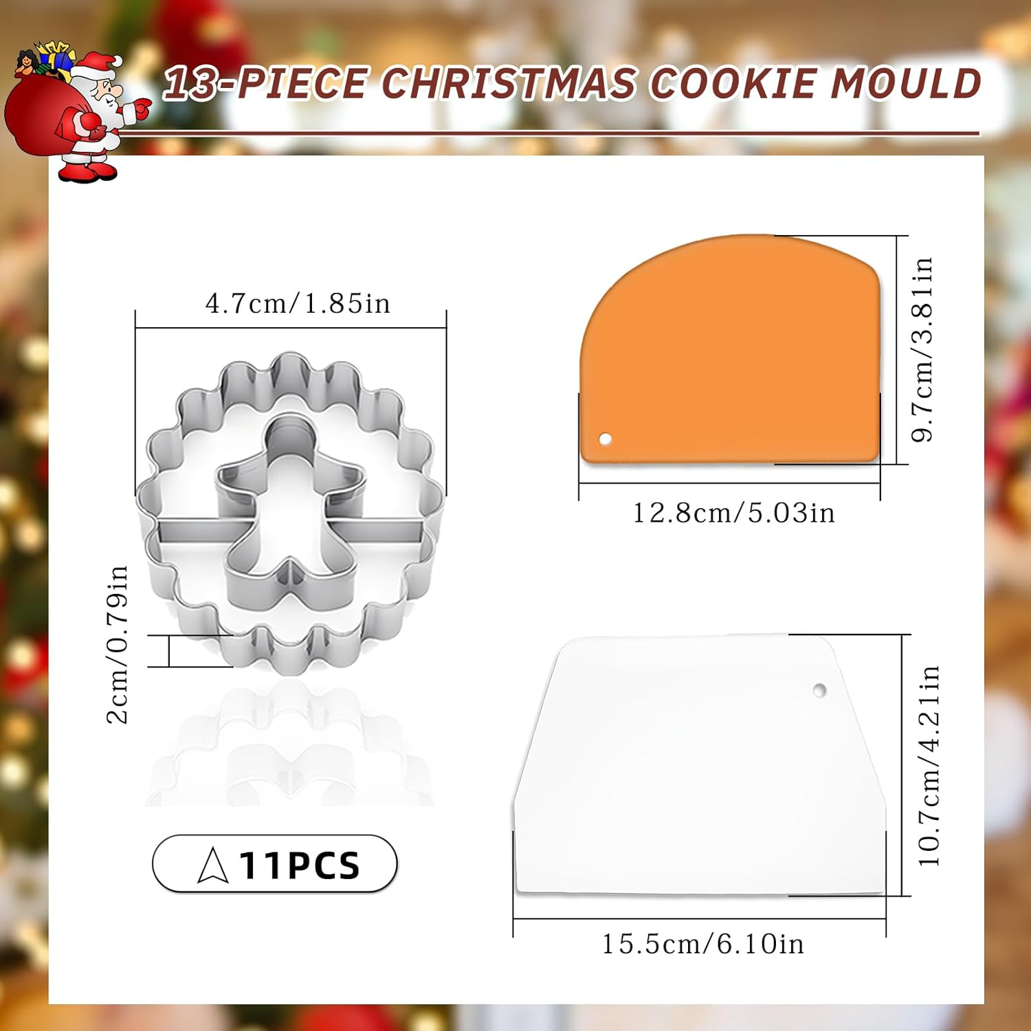 11 Pcs Christmas Cookie Cutters Set with 2 Cake Scraper, VEINARDYL Mini Christmas Holiday Stainless Steel Cookie Cutters for Baking, Christmas Tree, Snowman, Elk, Gingerbread Man, Snowflake, Angel image number 6