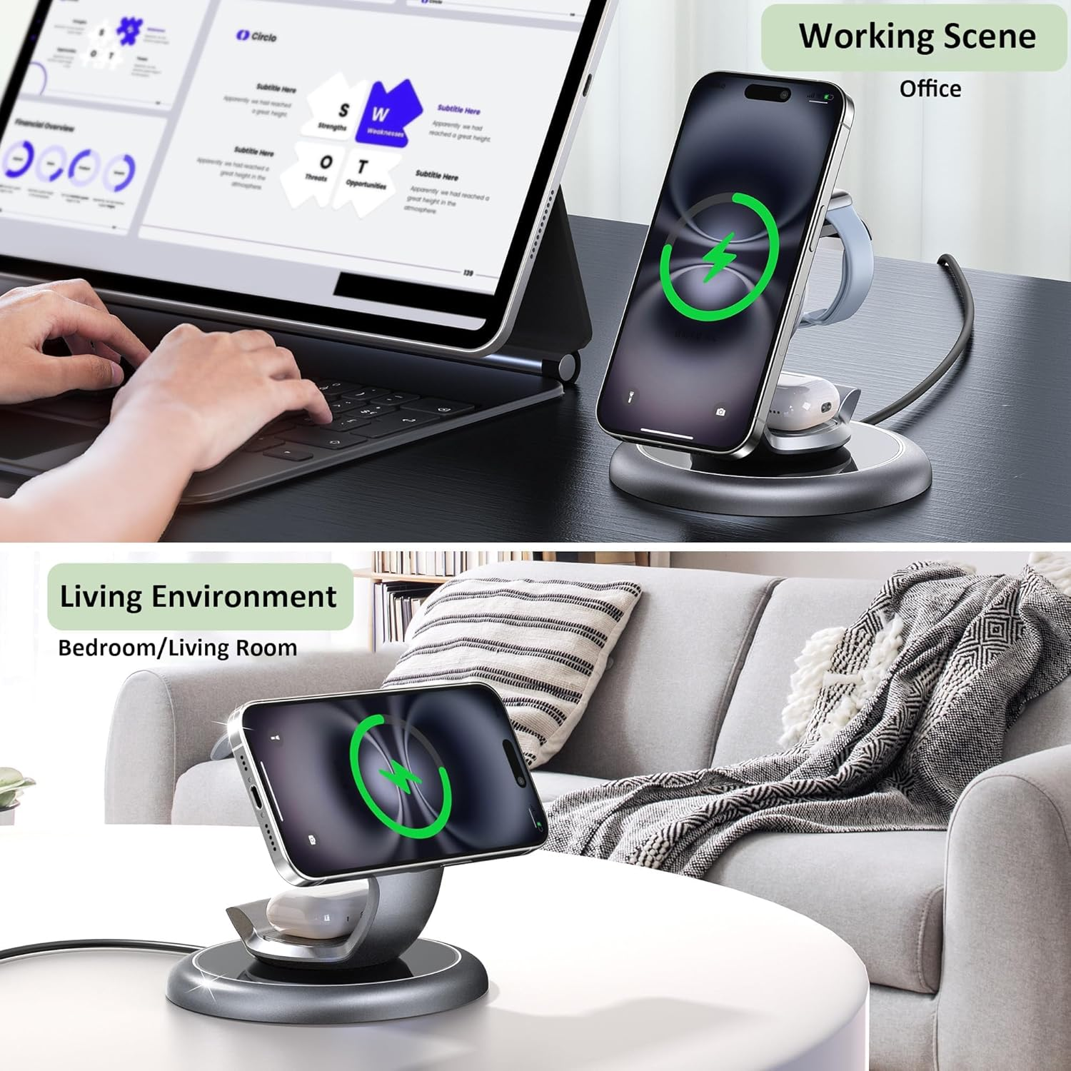 EXW 15W Wireless Charging Station for Magsafe Charger, 3 in 1 Wireless Charger for Apple, Fast Magnetic Charger Stand for Iphone 17/16/15/14/13/12, Apple Watch, Airpods (Silvergrey, with 20W Adapter) image number 2