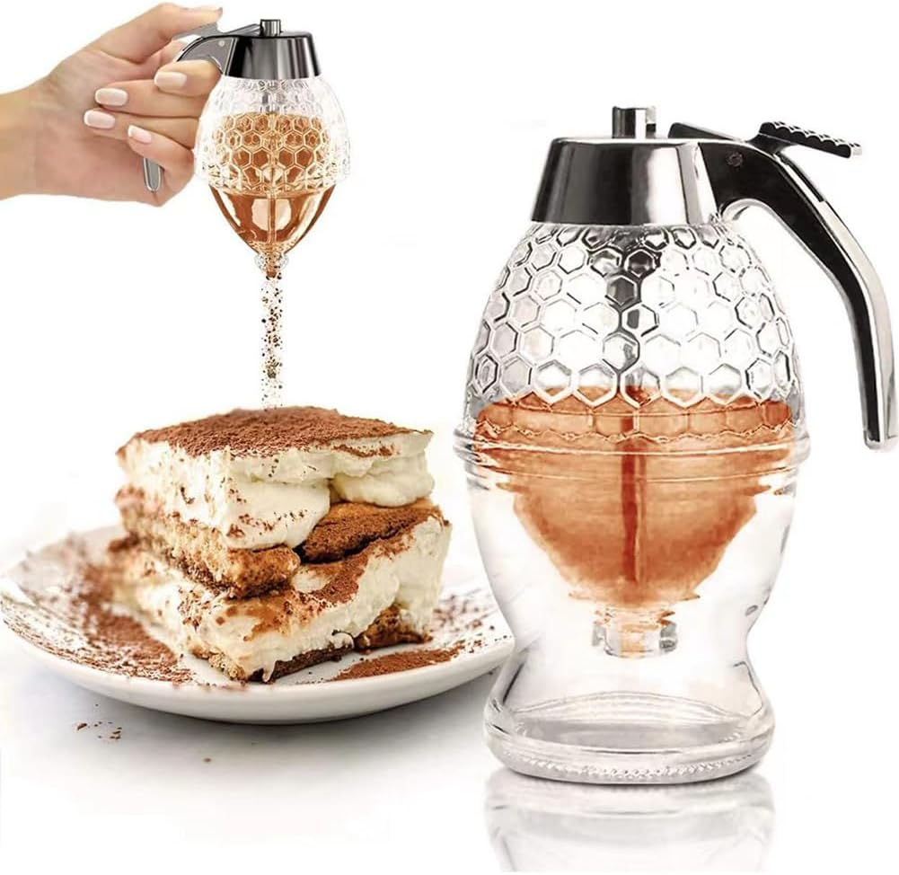 Honey Dispenser,8 Oz Maple Syrup Dispenser,Honey Pot with Stand,Press Type Clear Honey Container,Honey Comb Shaped for Home Kitchen