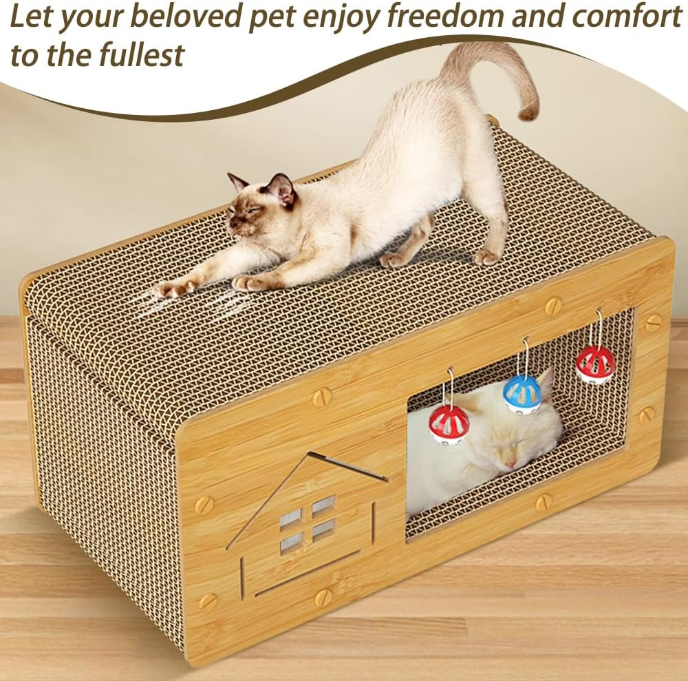 Cat Scratcher House with Cat Cardboard Pad, Wooden Cat Scratcher House with Ball with Bell, Large Space Let Your Kitties Scratch, Play, & Rest Cardboard Cat House Easy to Assemble 60X30X30 Cm