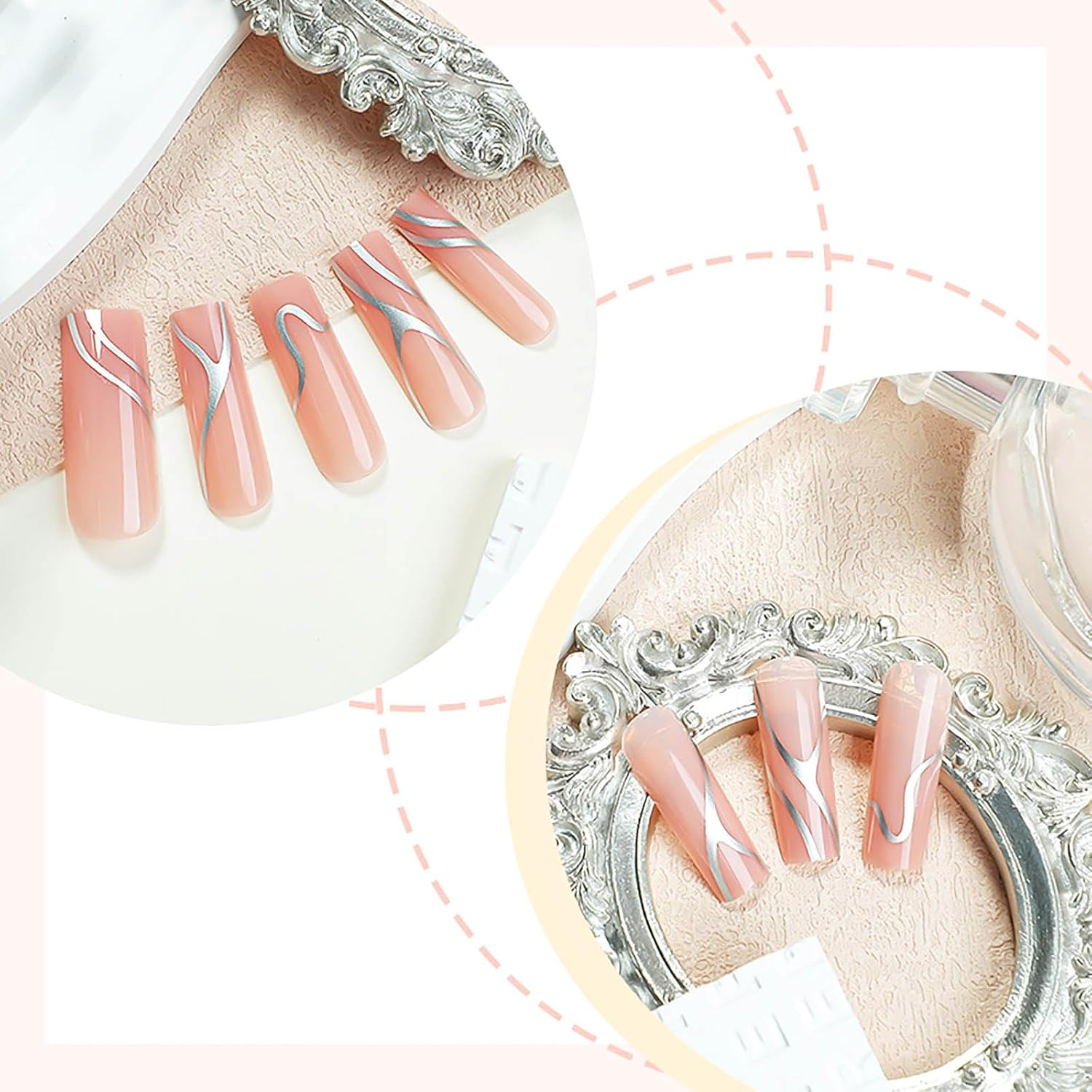 RUOKEXIN Long Press Square False Nails, Nude False Nails with Silver Lines Designs, Long Square False Nails, Long False Nails with Glue, Shiny Artificial Nails image number 1