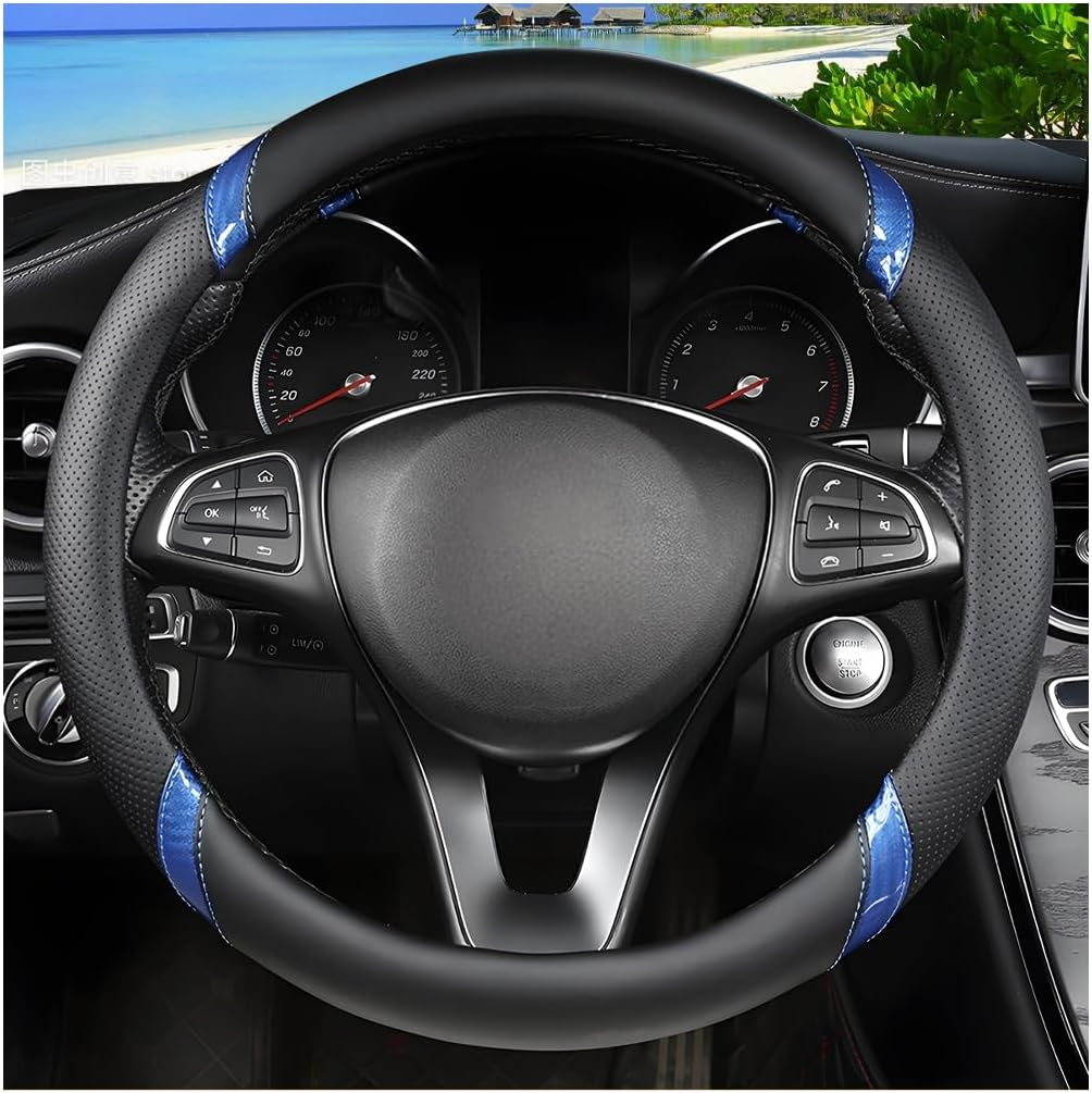 Sandfren Carbon Fiber Car Steering Wheel Cover, 15 Inch Breathable PU Leather Vehicle Steering Wheel Protector with Anti-Slip Lining, Soft Automotive Interior Accessory, Universal Fit (Black/Orange)