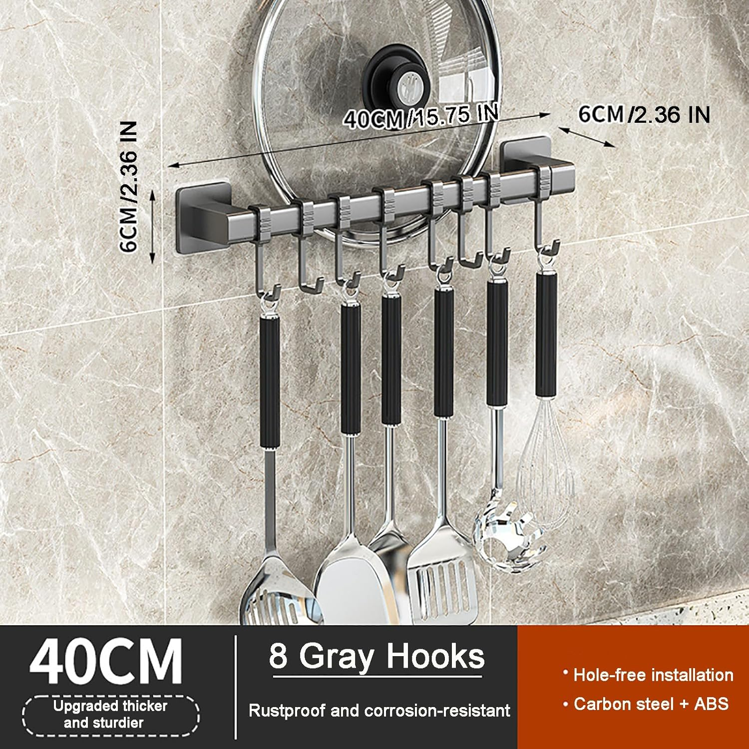 Chmiss Kitchen Hook Rack without Drilling, Hook Rack Kitchen with 8 Movable Hooks, Wall Hooks for Kitchen Utensils for Kitchen, Bathroom, Bedroom image number 1