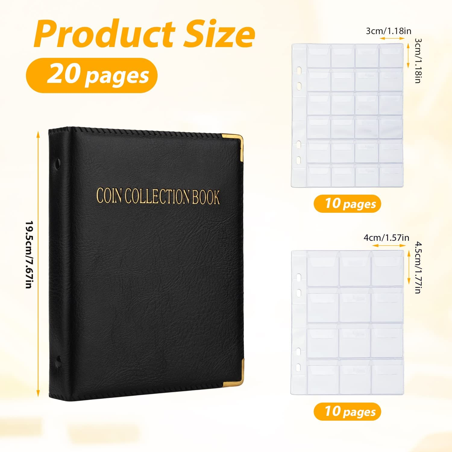 20 Pages/360 Pockets Coin Collection Book, 3X3Cm&4X4Cm Coin Collecting Holder Album with Leather Cover, Durable Coin Collection Binder Penny Coin Book for Collectors, All Coins (Black) image number 5