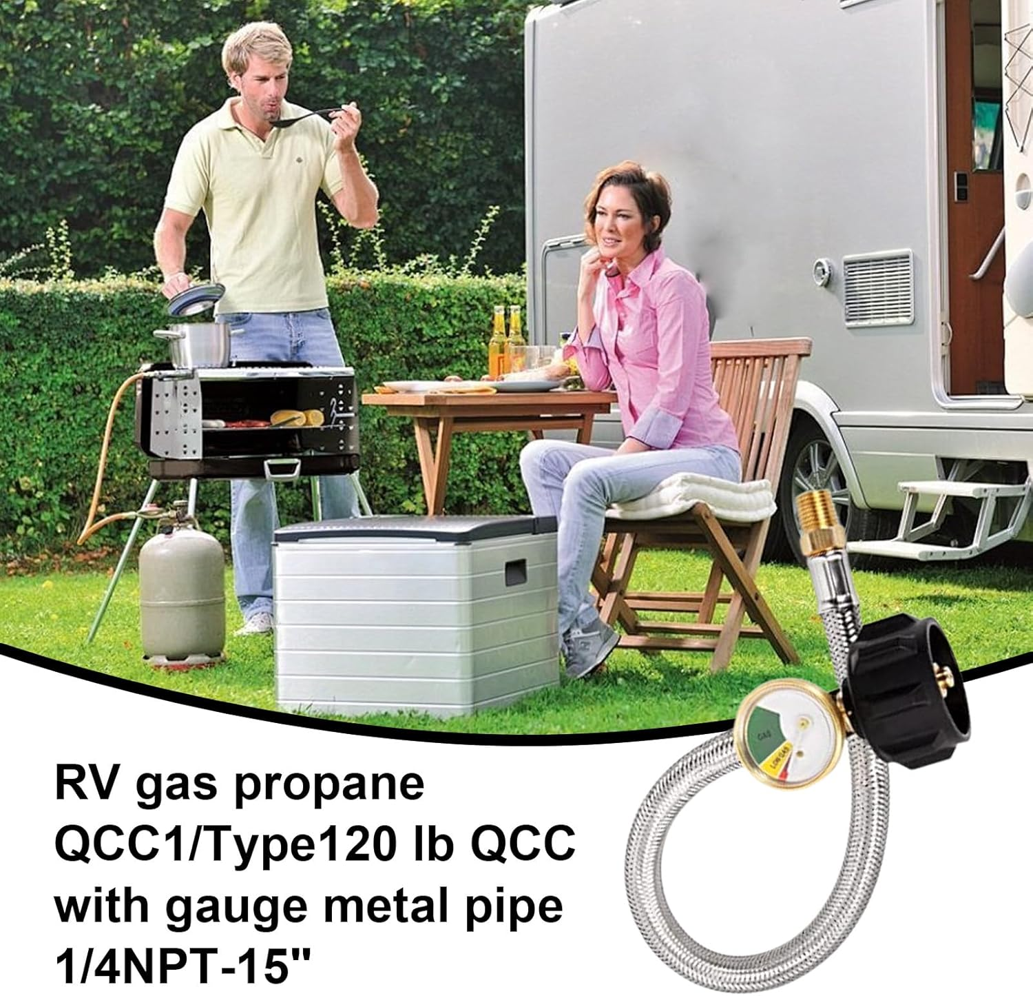 Rv Gas Hose with Gauge, Propane Replacement Line, Real Time Pressure Indicator, 15 Inches Compact Flexible Connector for Outdoor, Grilling, Mobile, Homes, Weekend, Cooking Use image number 2