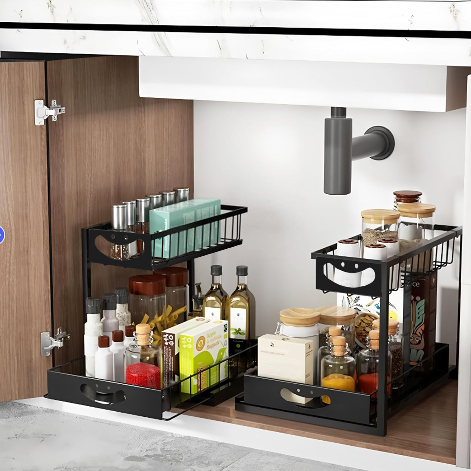 2 Tier under Sink Storage,Kitchen under Sink Organiser,Sliding Cabinet Drawer Storage,Home Kitchen Pantry Bathroom image number 2