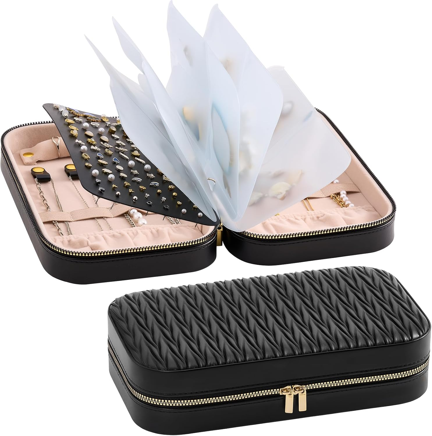 Lolalet Travel Jewelry Organizer, Jewelry Storage Case with Pocket, Earrings Necklaces Bracelets Ring Zippered Storage Pouch for Women -Black